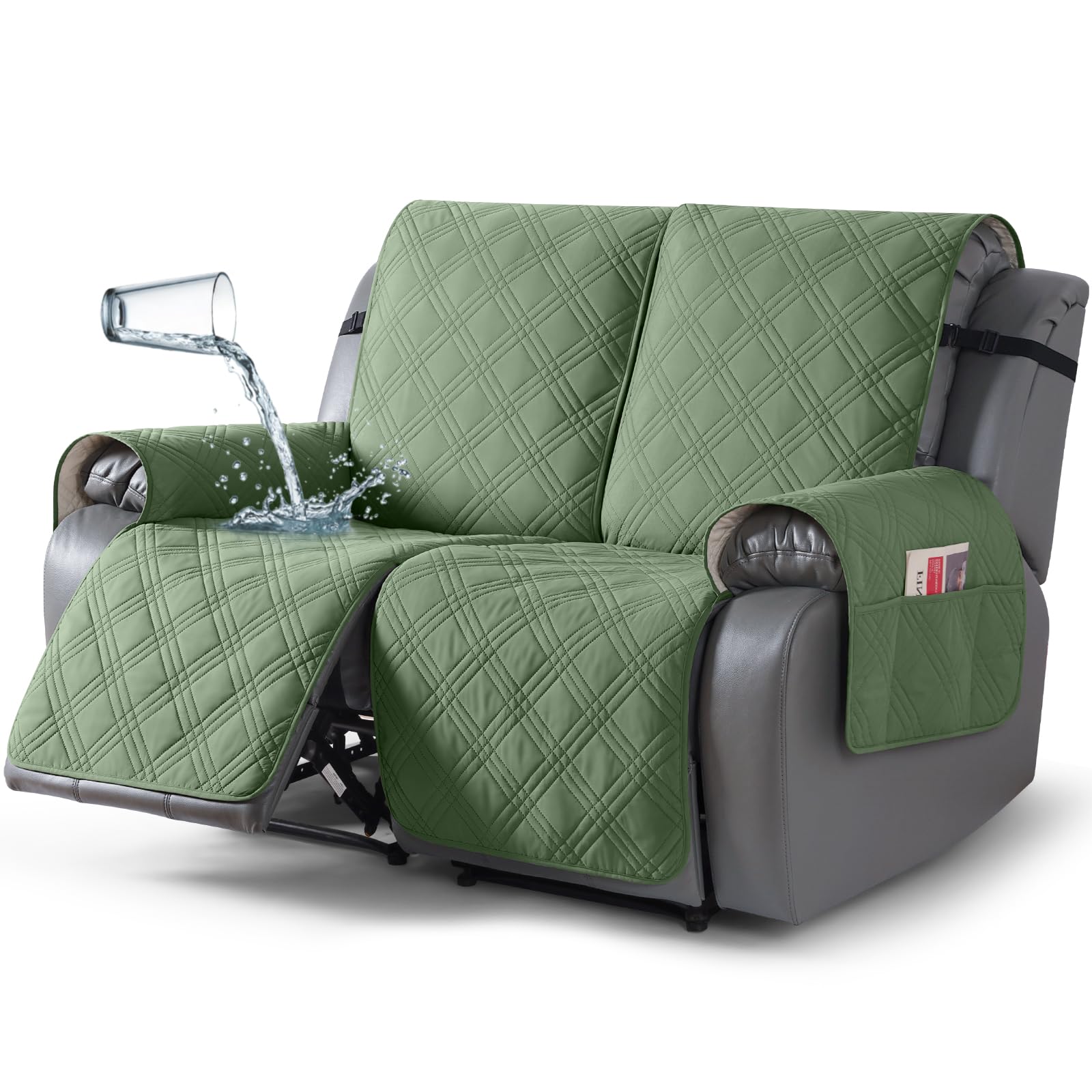 TAOCOCO 100% Waterproof Loveseat Recliner Covers 2 Seater, Split Loveseat Covers for Reclining loveseat, Non Slip Reclining Couch Cover with Double Straps for Kids, Pets(2 Seater, Bean Green)