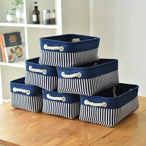 Vista 214 de Caja de almacenamiento para estantes, paquete de 6 canastas pequeñas de tela para organizar, cubos de almacenamiento plegables con asas para Blanco