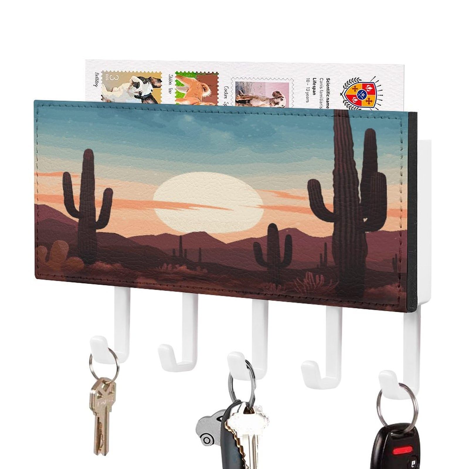 Vstadank White-Style Desert With Cactus Key Holder For Wall Decorative Mail Organizer Exquisite Coat Rack Pu Wall Mount Adhesive Keys Rack With Tray&5 Key Hook For Door Hallway Entryway Decor