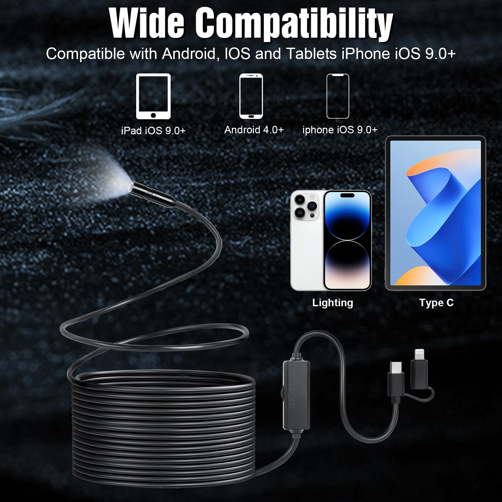AiQInu Endoscoop voor smartphone, endoscoopcamera 1920p met 8 leds