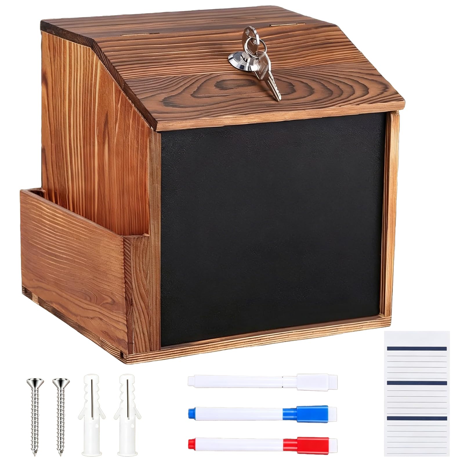Suggestion Box with Lock, Card Papers and Markers, Pine Wood Donation Case with Removable Chalkboard and Side Storage Pocket, 8.2 x 6.49 x 7.8 in Money Drop Container for Church Office Fundraising