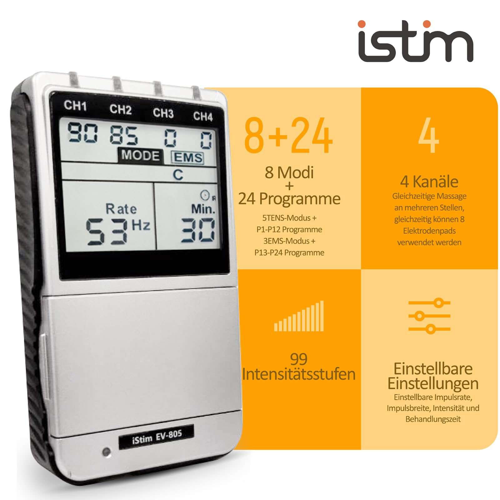 iStim EV-805 TENS EMS Gerät – 4-Kanal Reizstromgerät & Muskelstimulator zur Schmerztherapie – EMS Trainingsgerät für Rücken, Nacken, Schultern, Beine – mit 16 Elektrodenpads & AA-Batterien