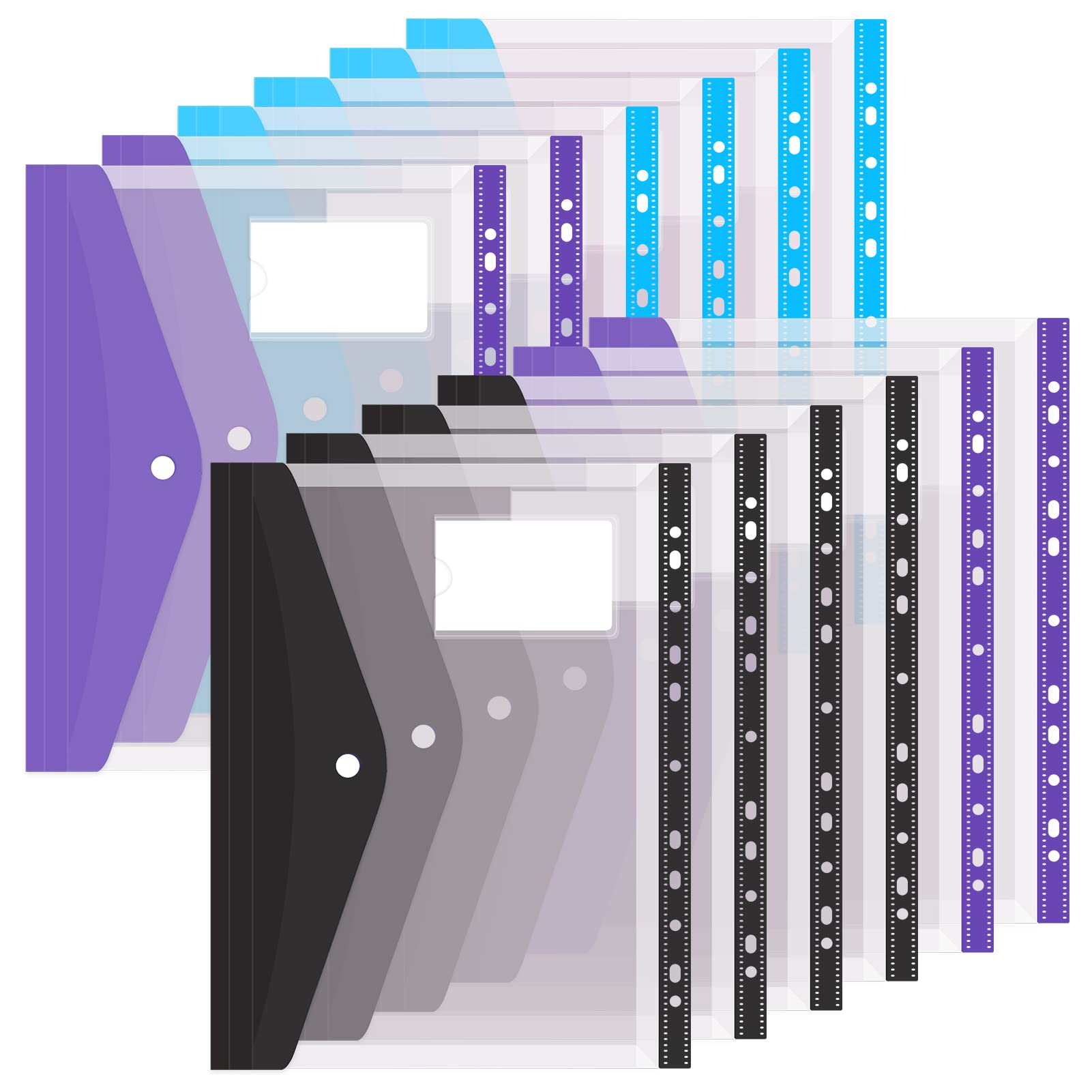 Colorlife Binder Pocket 12 Pack Plastic Envelopes Binder Folders 11 Holes Expandable Binder Folders for 2/3/4 Ring Document Pouch with Snap Button &