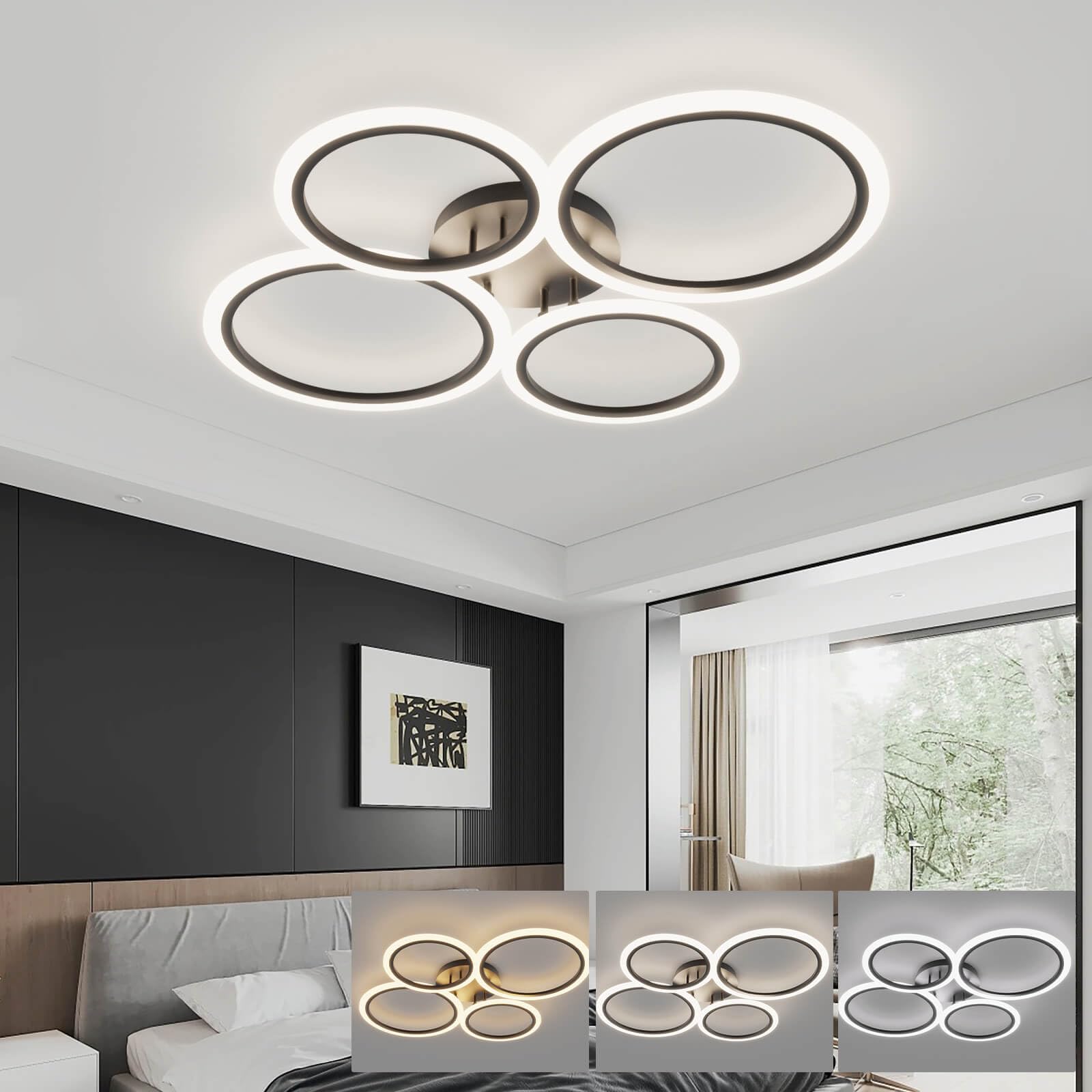 KeLuKes Black LED Dimmable Ceiling Light, 74cm 4-Ring with Memory Function, Smart Ceiling Lamp for Living Room — image 1