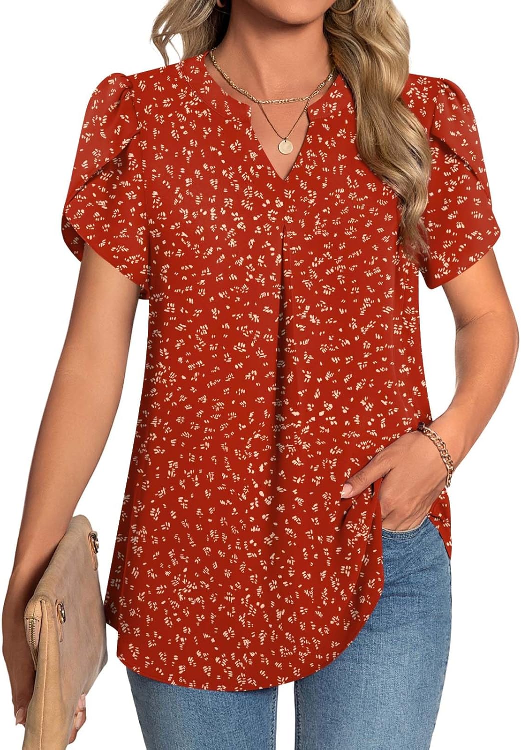 TAOHUADAO Womens Summer Dressy Chiffon Blouses Short Sleeve V Neck Tops for Leggings Casual T-Shirts