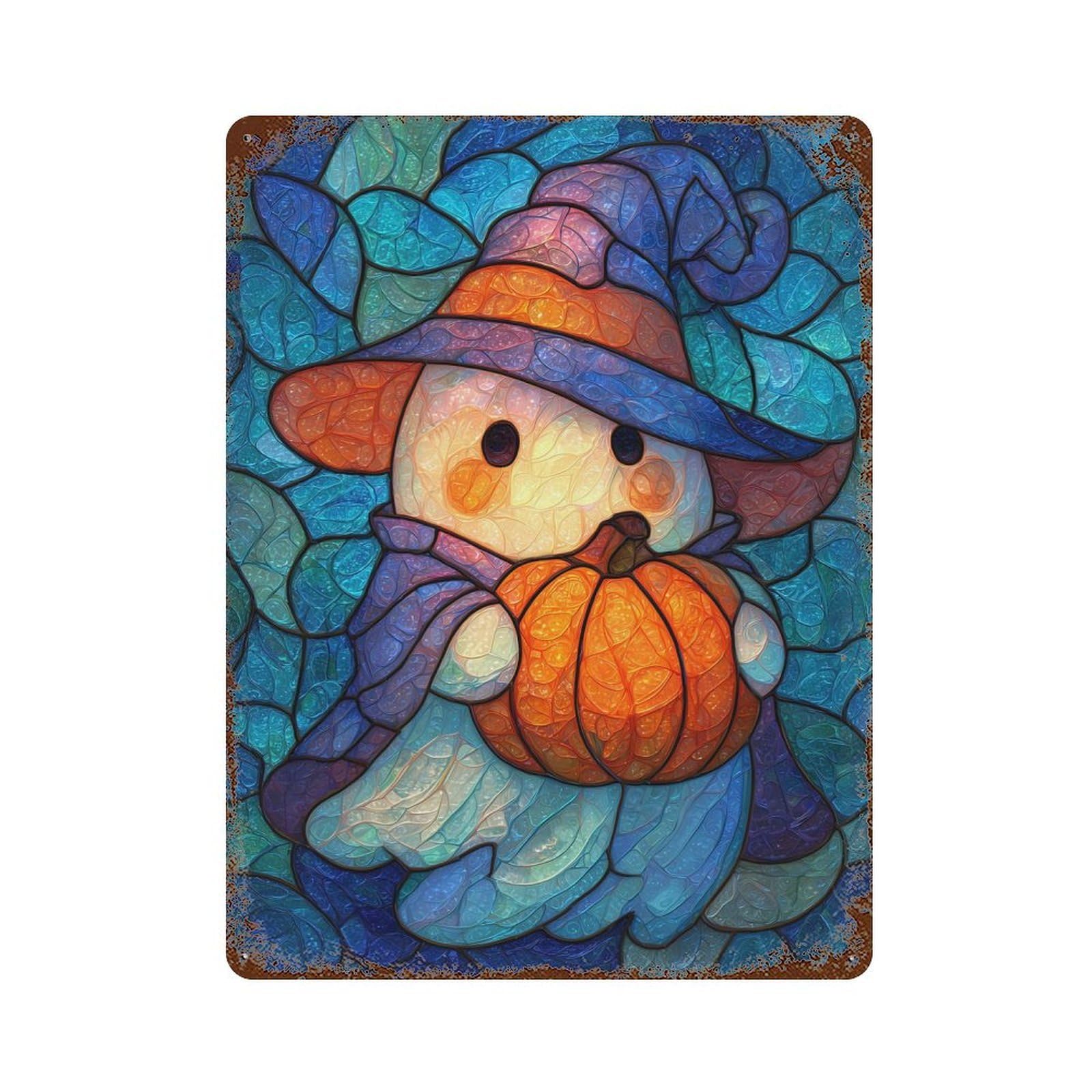 Stained Glass Halloween Ghost with Pumpkin Decorative Tin Sign 15.7"x11.8", for Bistro, Counter And Cafe Decor, Retro Wall Decor