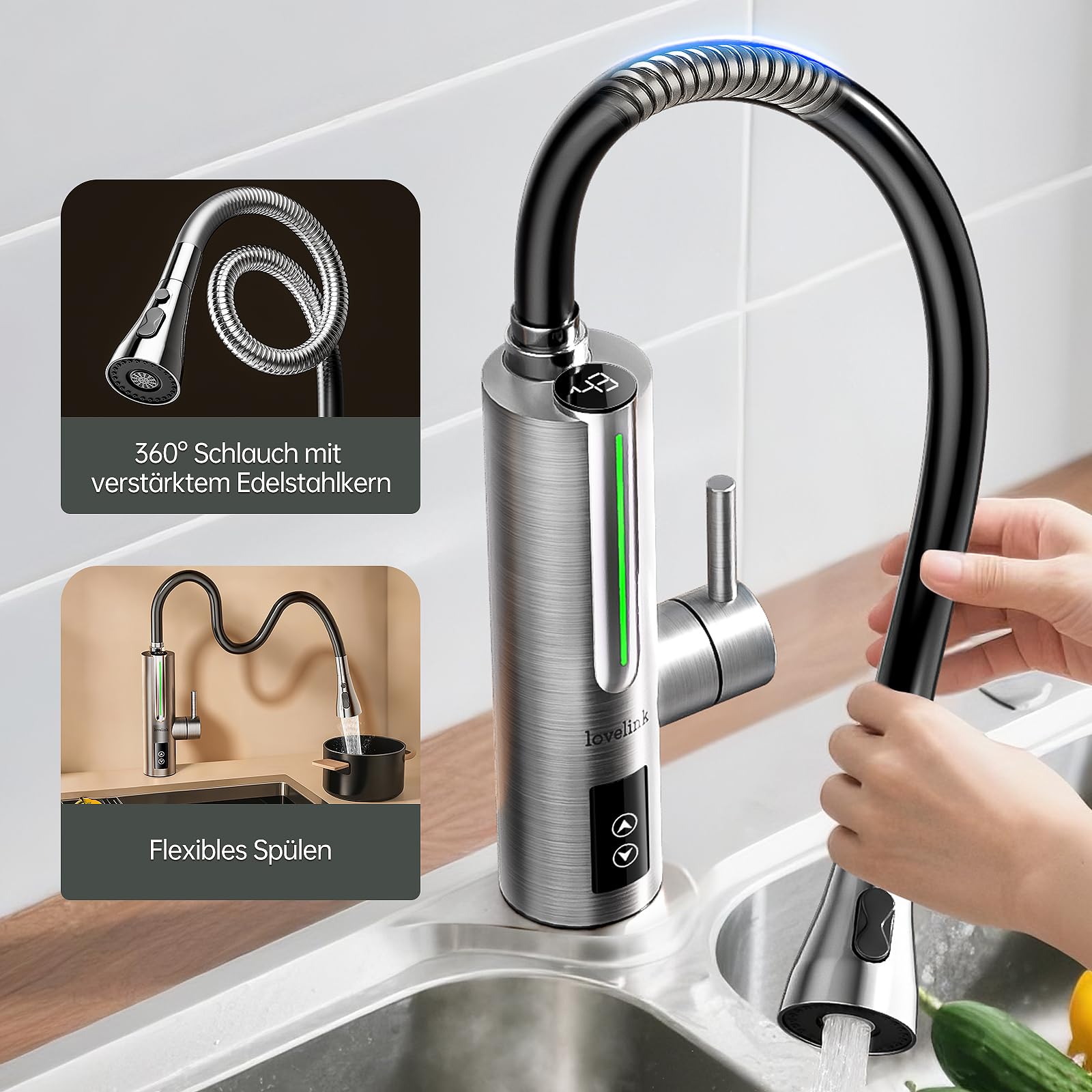 Lovelink Edelstahl Wasserhahn mit Durchlauferhitzer Touch-Temperaturregelung 360° Flexibler Schlauch Farbadaptiv LED Licht Elektrischer Durchlauferhitzer Wasserhahn für Küche/Bad/Balkon (Silber)