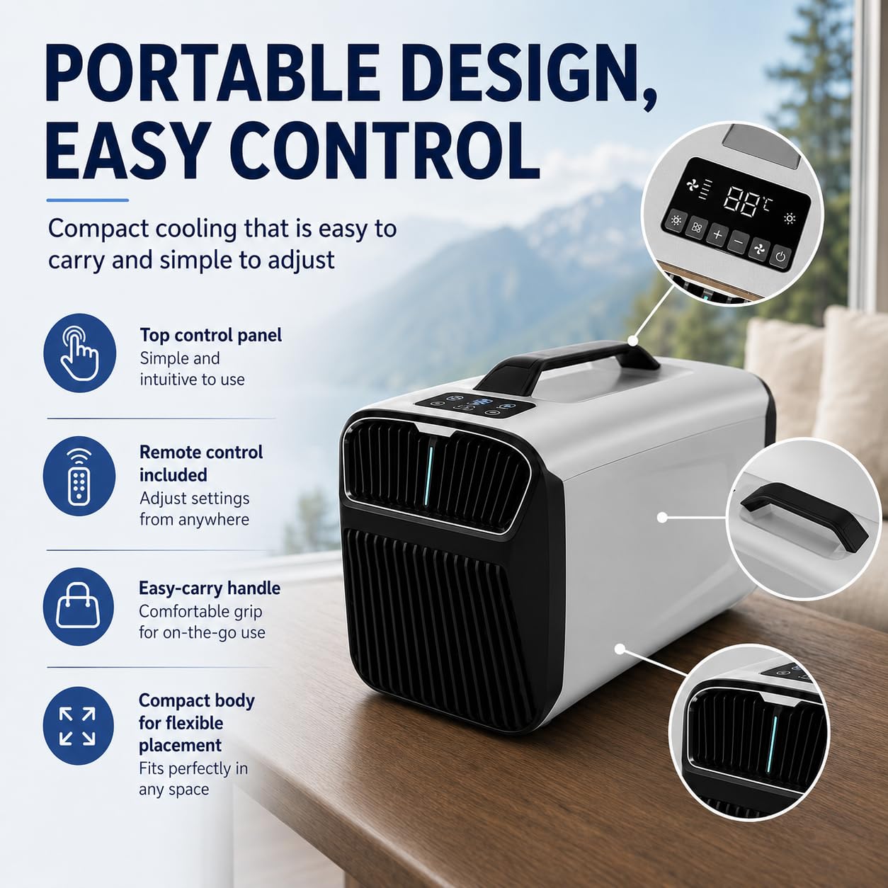 Condizionatore Portatile Stile Inverter per Casa e Camping | Design raffreddamento efficiente, formato viaggio compatto, collegamento AC, 4 modalità, ambiente estivo confortevole