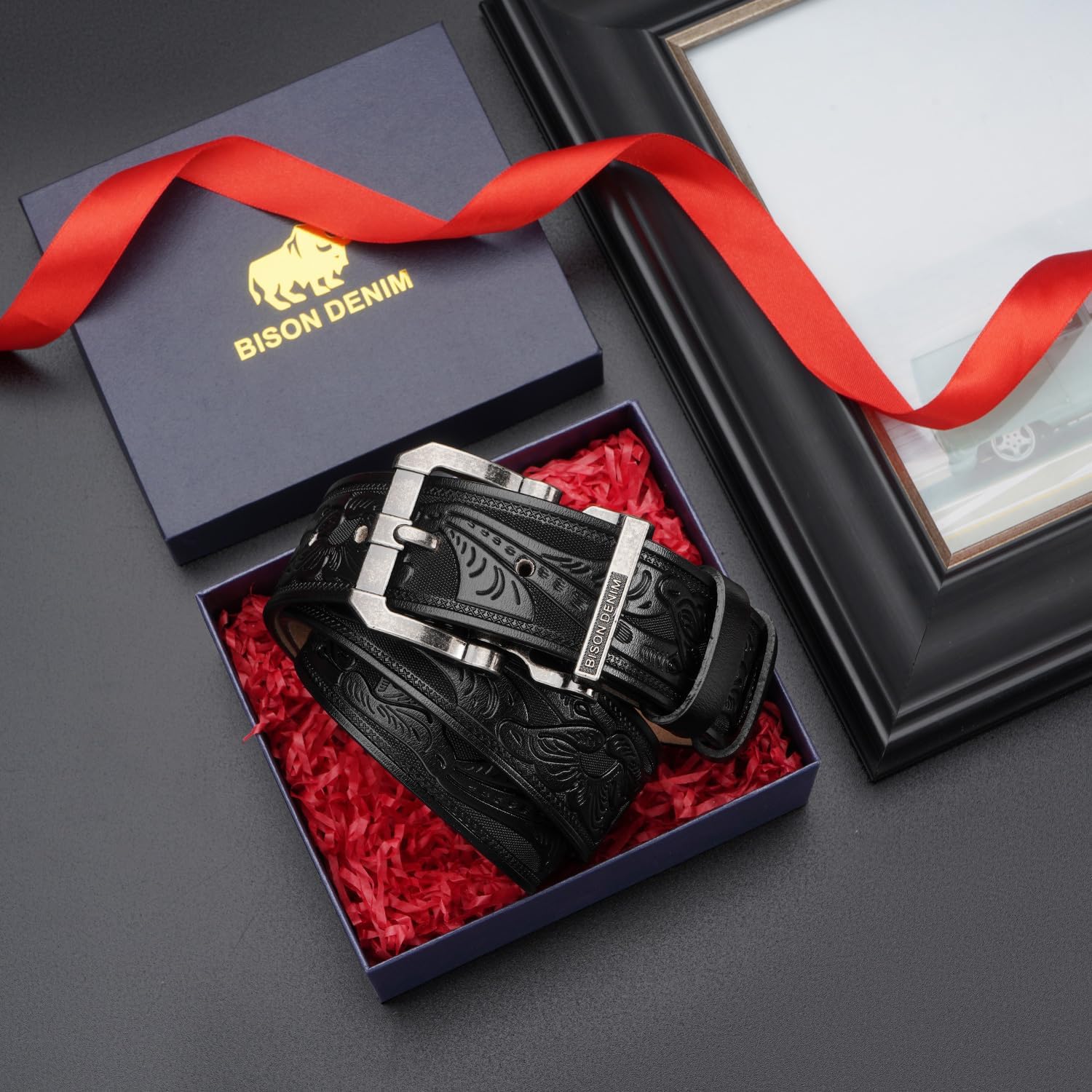 BISON DENIM Men's Genuine Leather Casual Belt, Classic Western Cowboy Dress Belts - Image 5