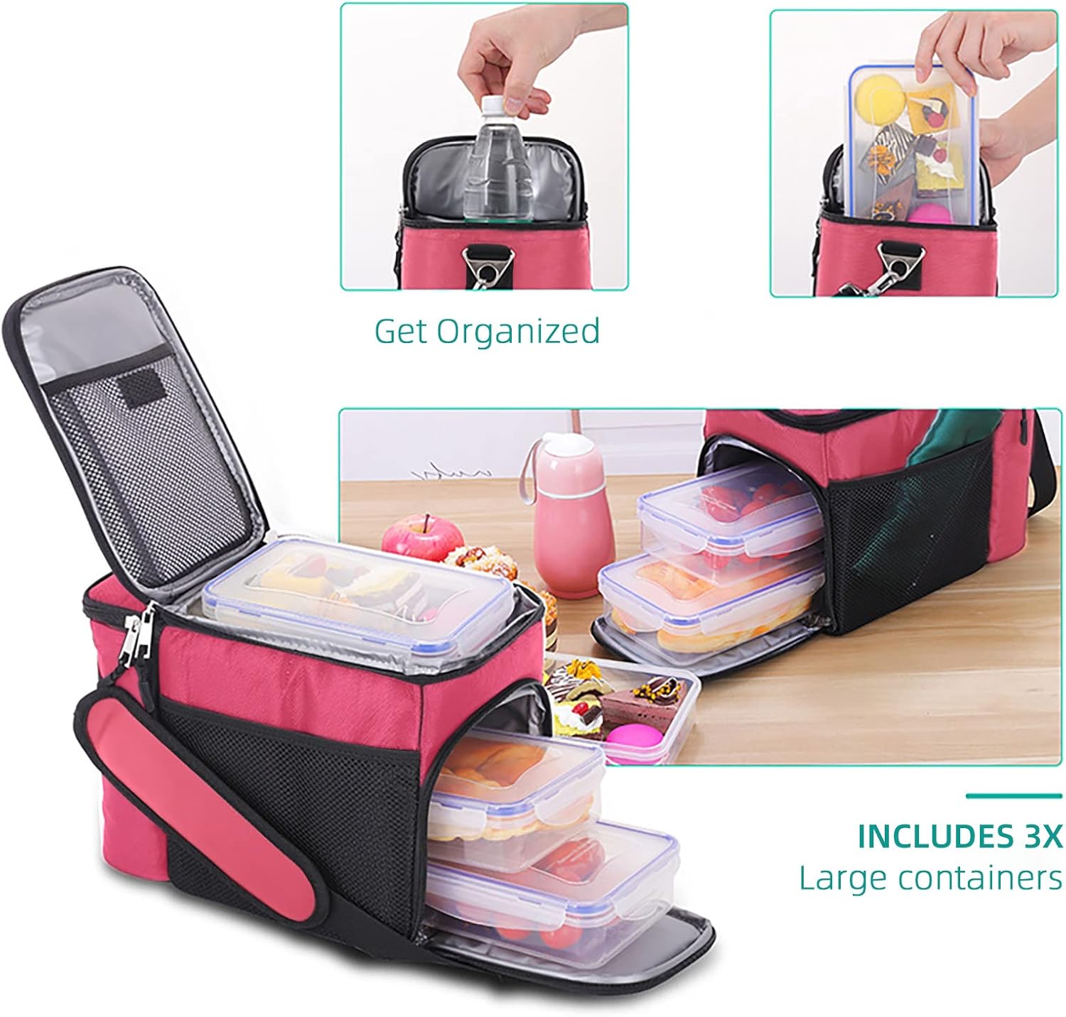TOP&TOP Insulated Lunch Box and Cooler Bag for Women, Men - 13"L x 7"W x 9"H, 3 Reusable Meal Prep Containers, 2 Ice Packs, Detachable Shoulder Strap, Leakproof and Easy to Clean