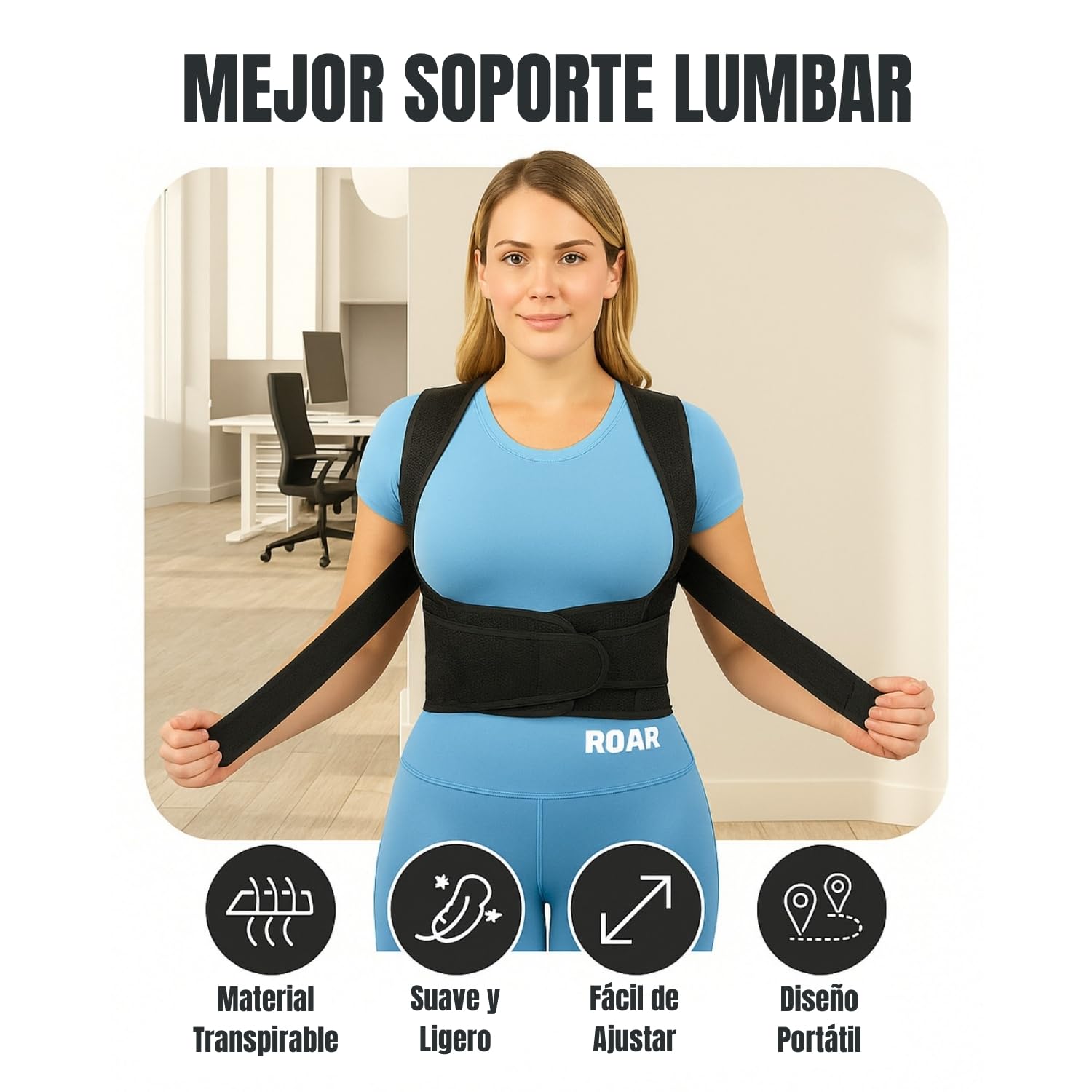 Roar® Corrector de postura de espalda, rectificador, ayuda a mantener la espalda recta, mejora la postura de cuello y hombros (L)