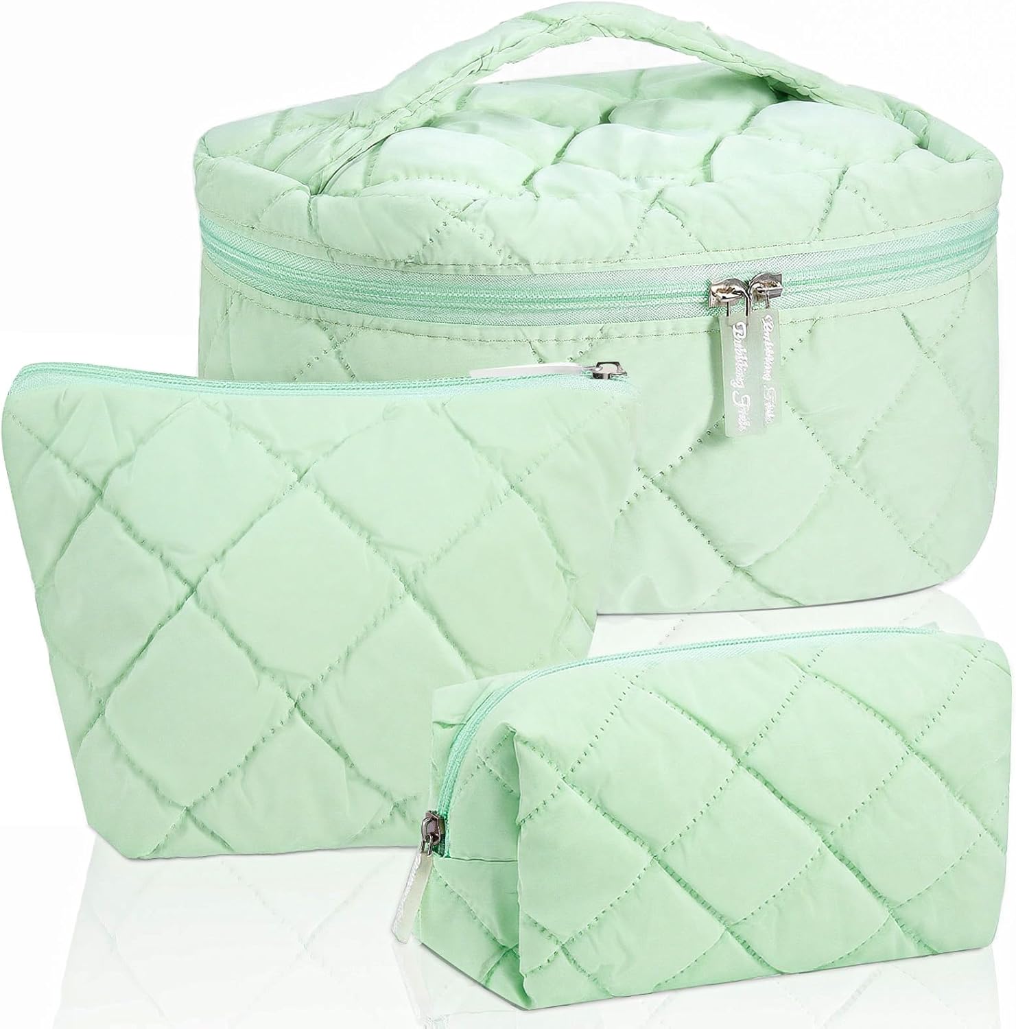 3 Pcs Green Puffy Makeup Bag Set for Women Large Quilted Cosmetic Bag Travel Toiletry Pouch Cute Checkered Puffer Make up Organizer Purse for Travel Bathroom Preppy Pencil Case with Zipper