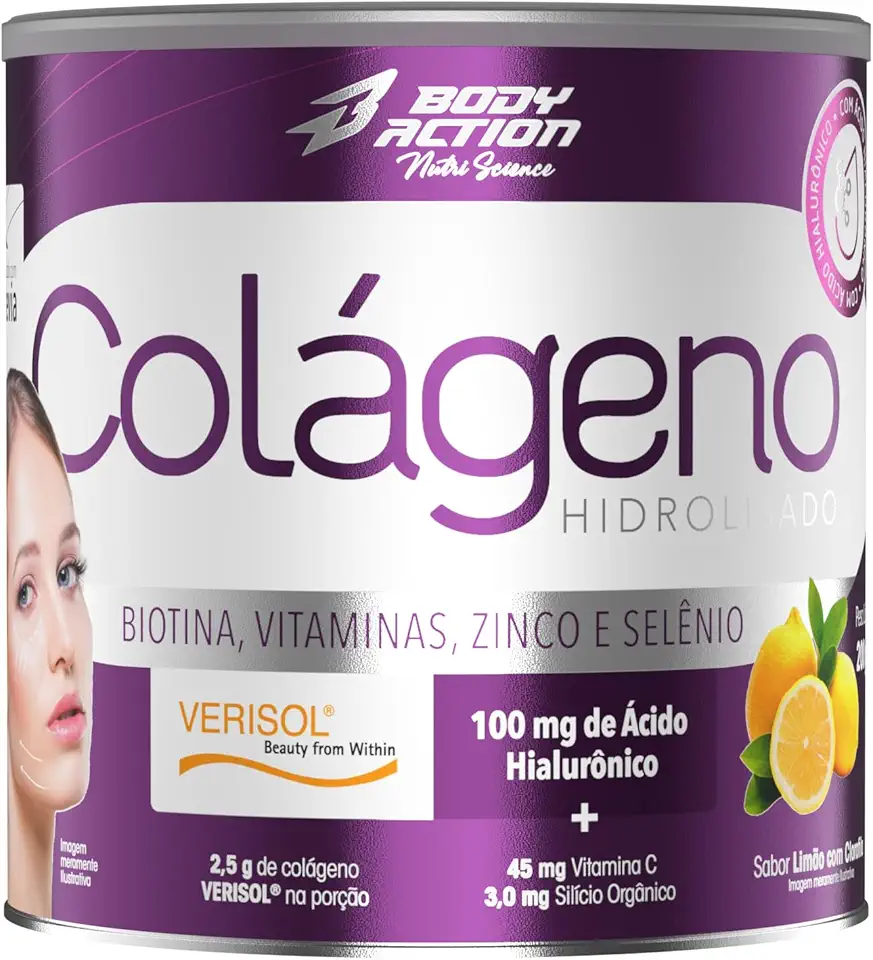 Colágeno Verisol com Ácido Hialurônico 200g Sabor Limão C/Clorofila Bodyaction