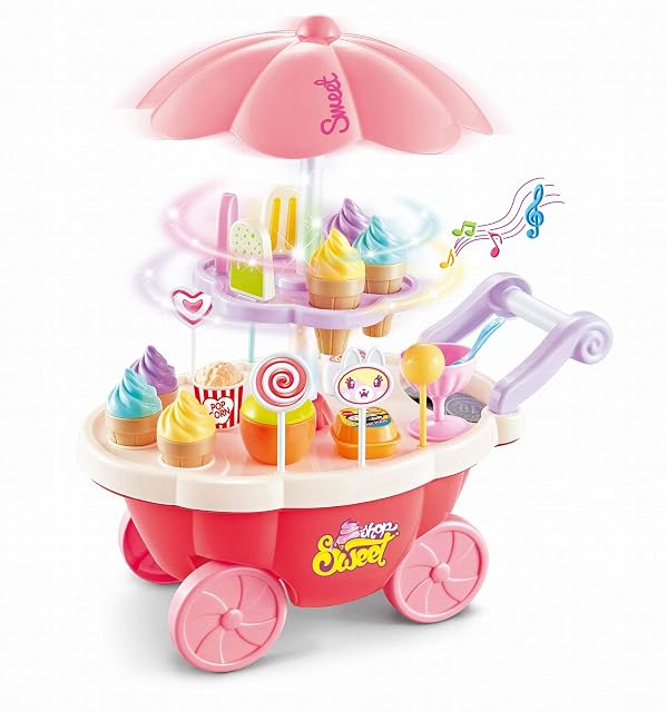 SOKA 36 Pcs Kids Ice Cream Trolley with Light and Sound - Pretend Play Food Toy for Children