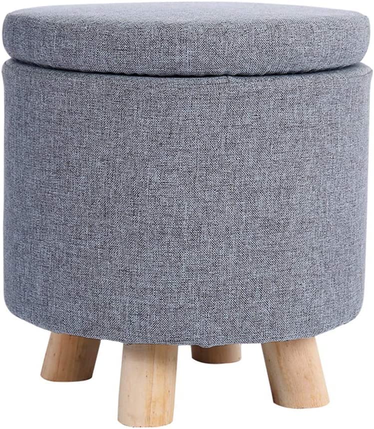 Ottoman gris de salon rond avec coffre de rangement et siège rembourré en lin confortable