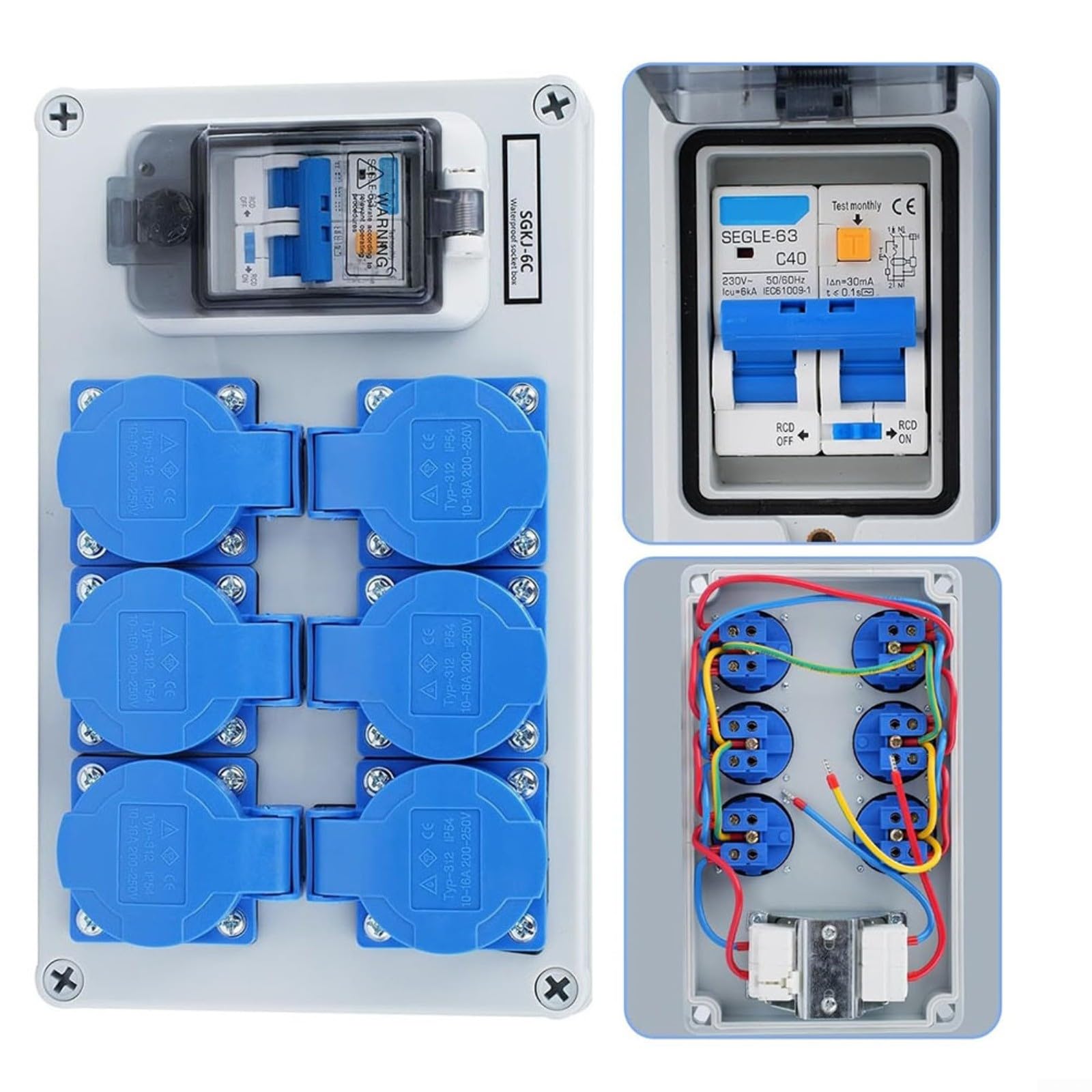 Distribuidor de pared IP54 de 6 vías con interruptor FI, 1P+N, 250 V/16 A, carcasa ABS, para taller, garaje y exteriores