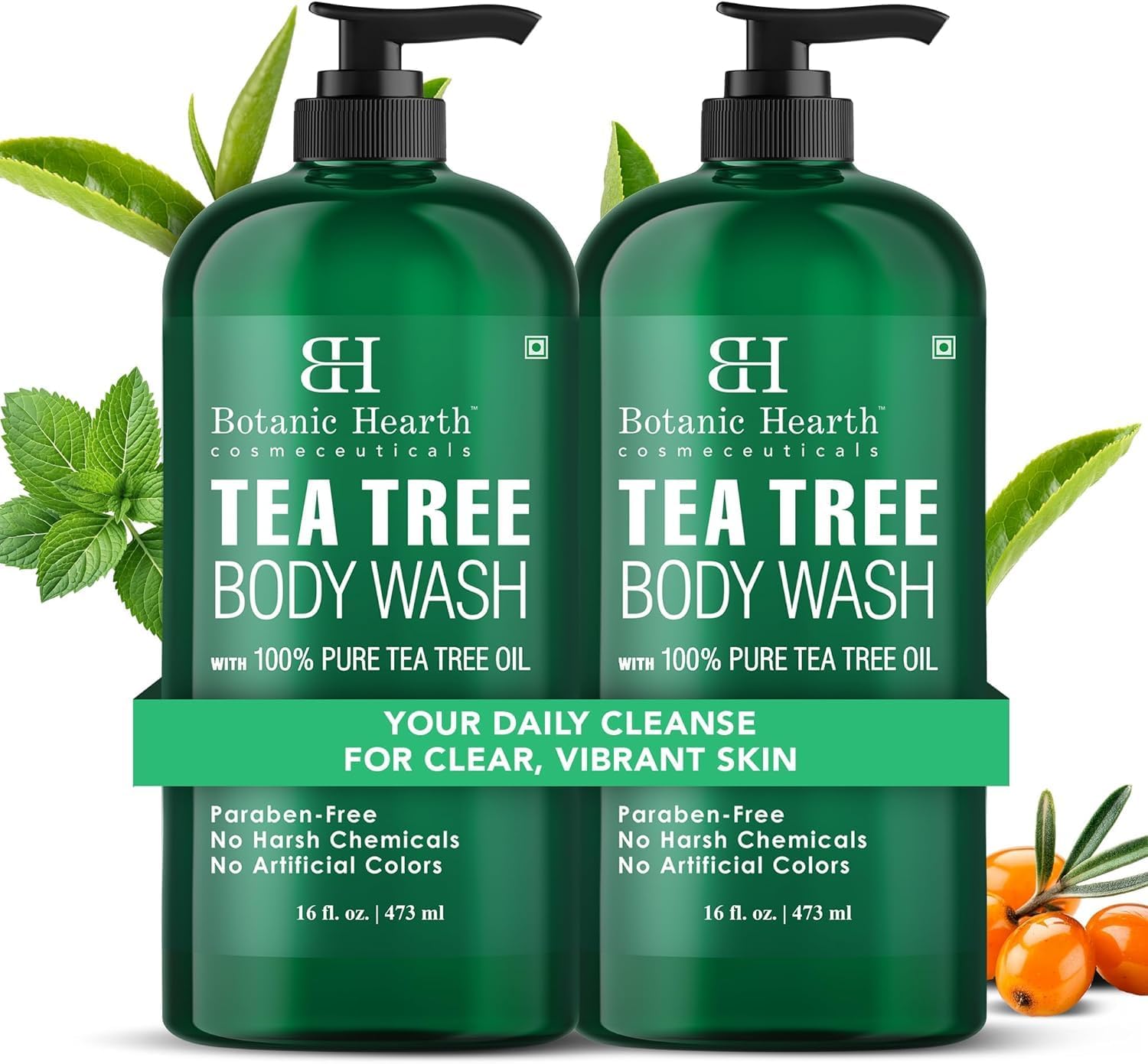Tea Tree Body Wash 16 fl oz (2 Pack) Natural Antifungal & Odor Control Shower Gel for Acne, Athlete’s Foot, Ringworm, Jock Itch, Healthy Skin, Sulfate & Paraben Free, for Men & Women