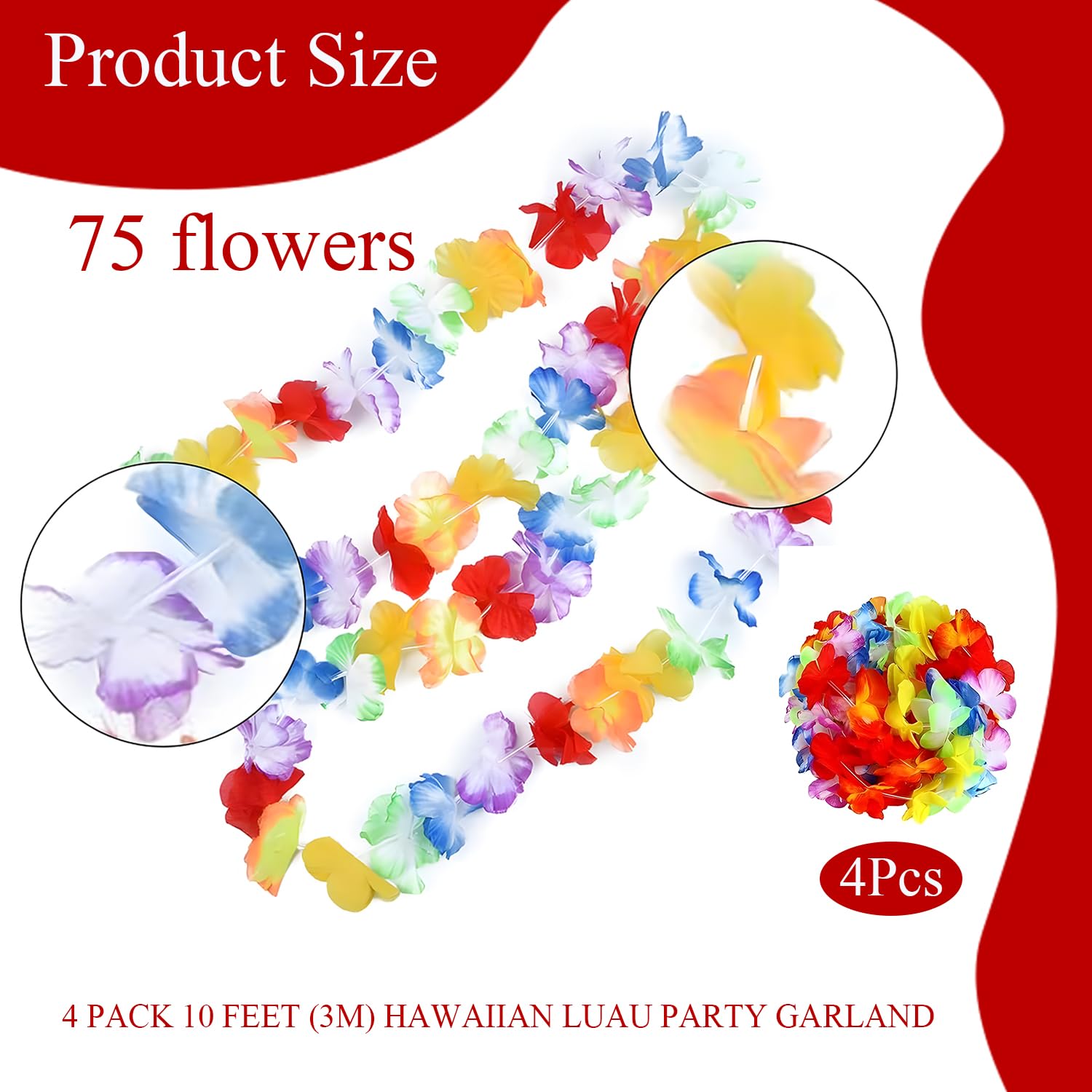 4 Pack 10ft Tropical Hawaiian Flower Lei Garland - Vibrant Luau Party Decor for Indoor and Outdoor Beach Themed Events - Image 2