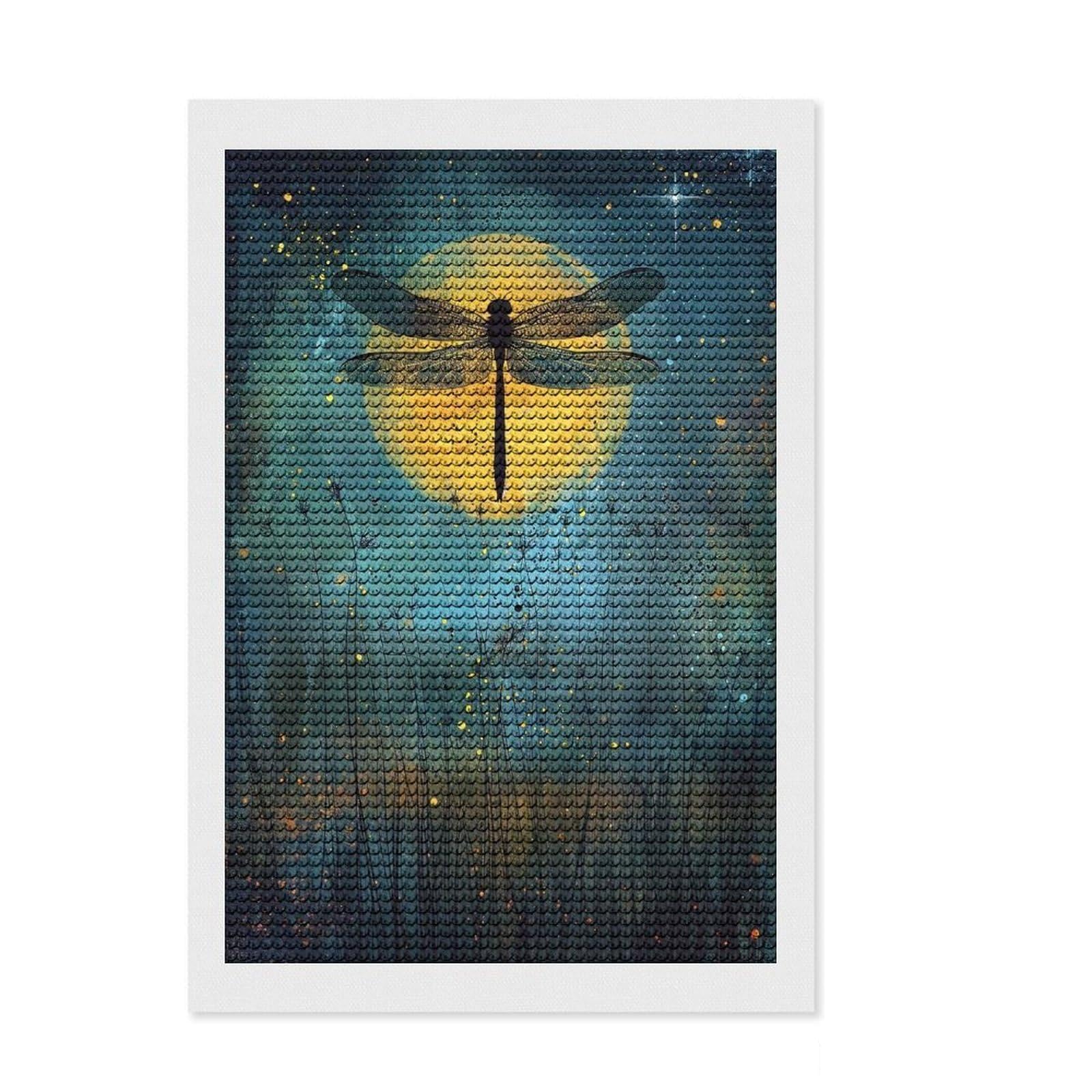 Junmoney Moonlit Dragonfly Crystal Diamond Art Kit 8"x12", Cute Room Decor, Stress Relief Craft, Artistic Hobby, Vintage Style Decor