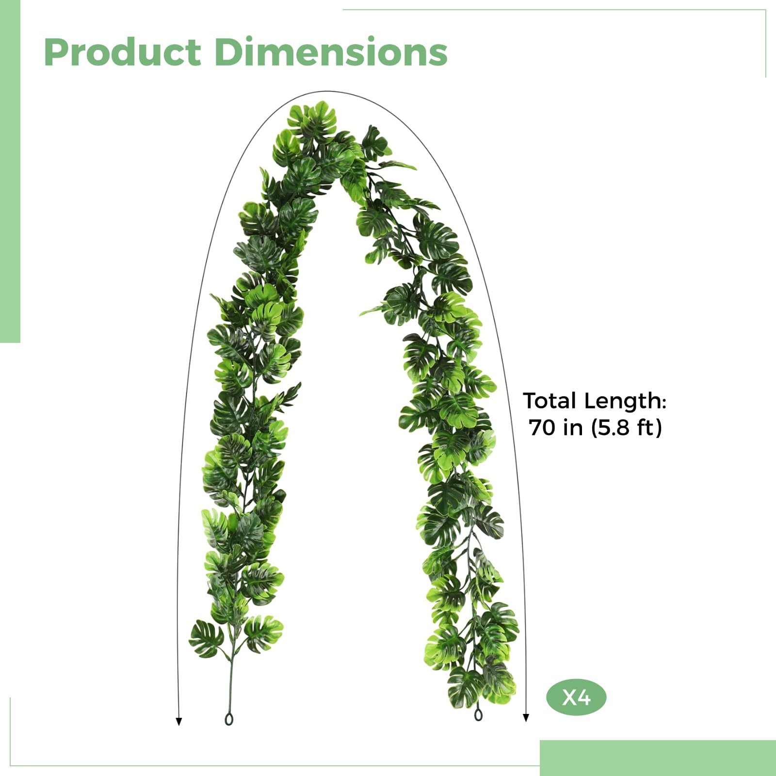 4 STK. künstliche Monstera-Blattranken, 5,8 Fuß hängende Grünpflanzen mit abnehmbaren tropischen Palmblättern, Kunststoff-Efeu-Monstera-Girlande für Garten, Veranda, Terrasse, Hawaii-Party-Deko