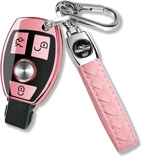 QBUC Funda para llavero de Mercedes Benz con llavero de TPU suave compatible con Mercedes Benz A B C E G M R S Class GLA GLB GLC GLE GLK GLS (rosa)