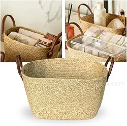 Cesta Organizadora de Palha com Alça de Couro – Cesto Decorativo Multiuso para Organização de Casa, Sala, Banheiro e Quarto