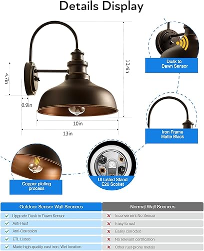 Miniatura 5 de VIANIS Luces de granero para exteriores del atardecer al amanecer, paquete de 2 lámparas de cuello de cisne marrón, iluminación exterior de granja