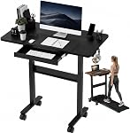 Bureau de standing pour paillasson avec roues, 35"x20" Grande Table à Rouler Mobile avec Tiroir, sans fil Pneumatique Hauteur Bureau réglable pour le bureau de tapis roulant, Roulettes de verrouillage & Crochets, blancs