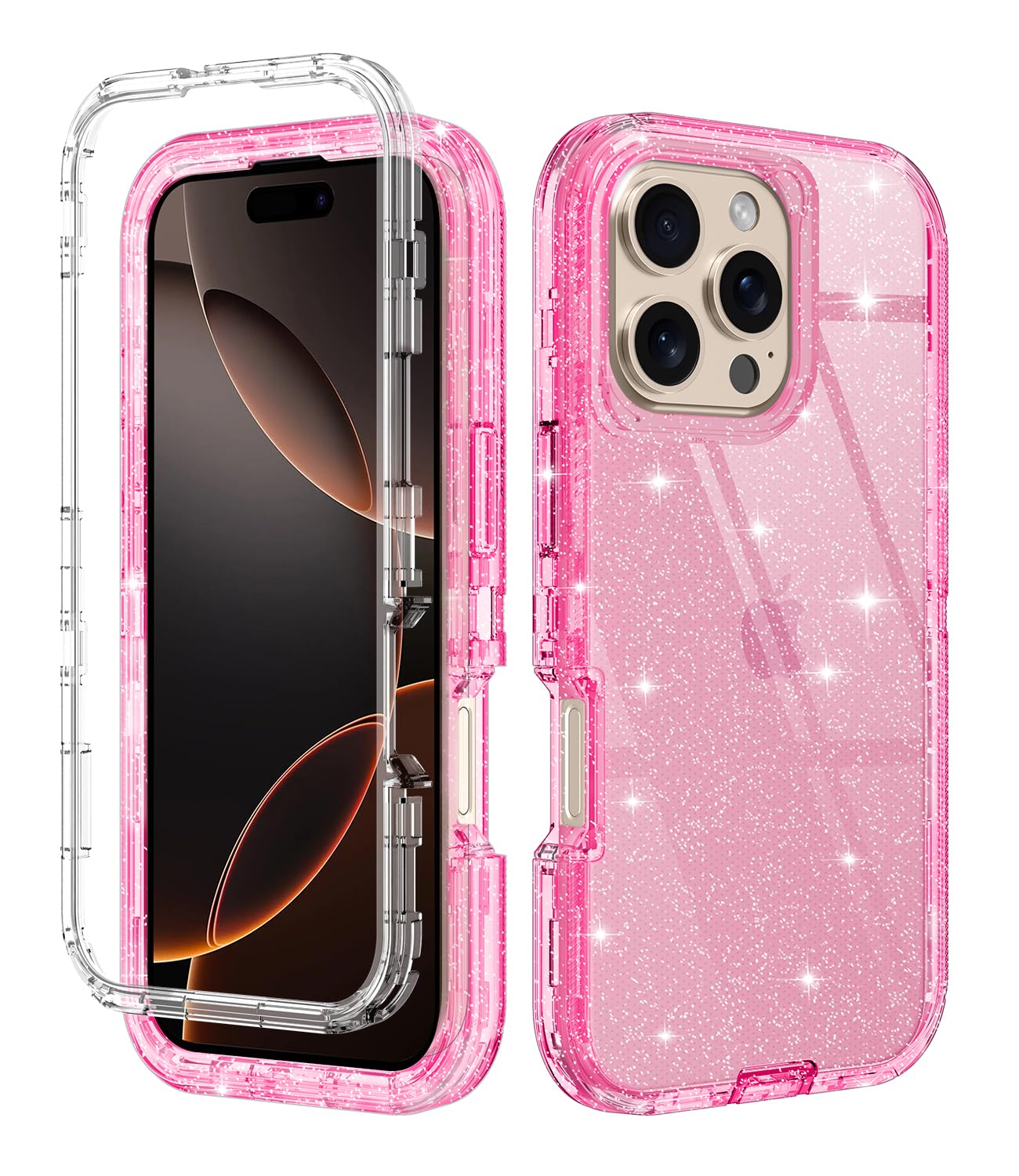 for iPhone 16 Pro Max Case Clear [Non Yellowing] Shockproof Dust/Drop Proof 3-Layer Protection [Without Screen Protector] Rugged Heavy Duty Cover for iPhone 16 Pro Max 6.9",Clear Pink Glitter