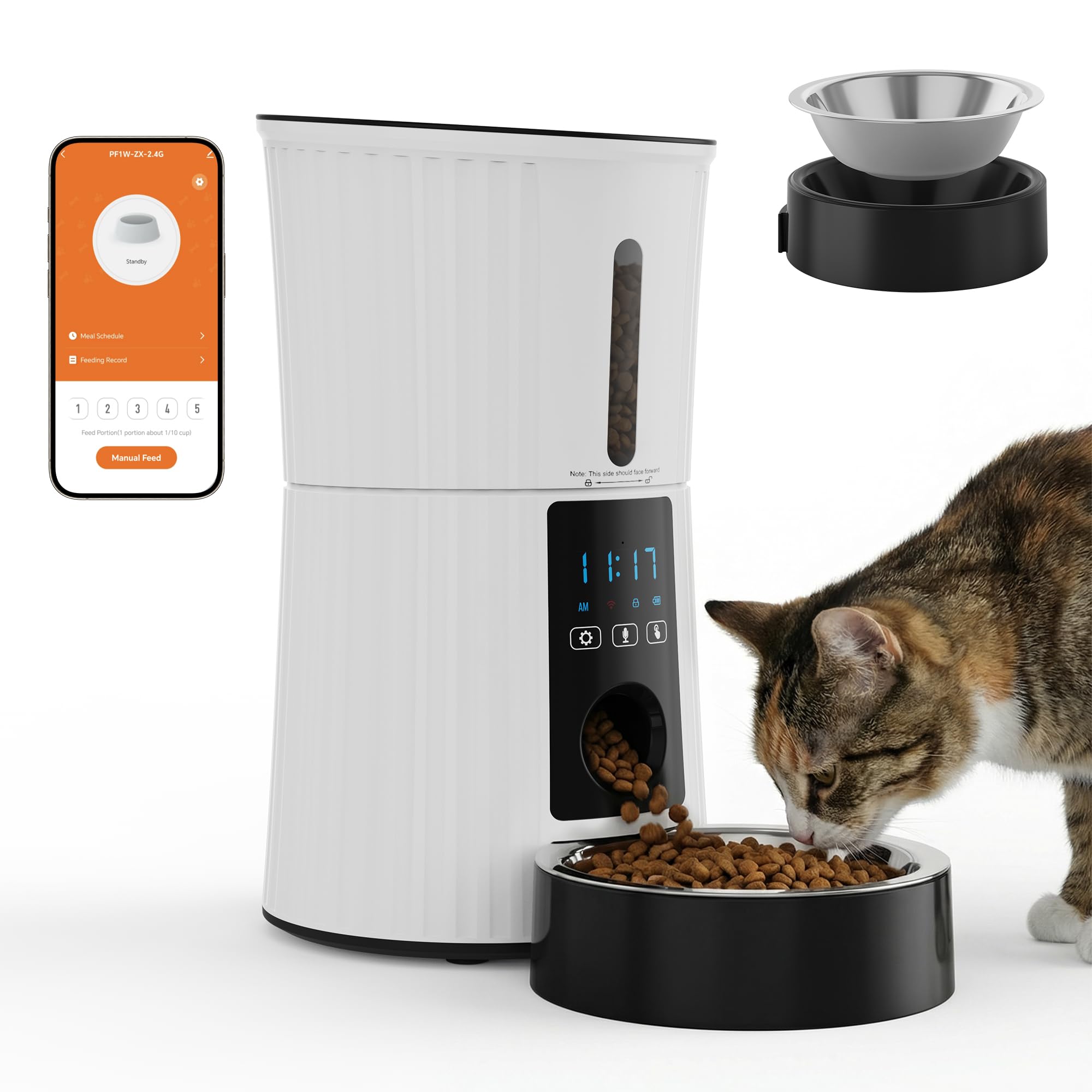 DUMOS Automatic Cat Feeder, 4L Timed Cat Food Dispenser with APP Control, 10s Voice Recorder, Dual Power Supply, 2.4G WiFi Indoor Programmable Pet Feeder with Desiccant for Small Cats and Dogs, White