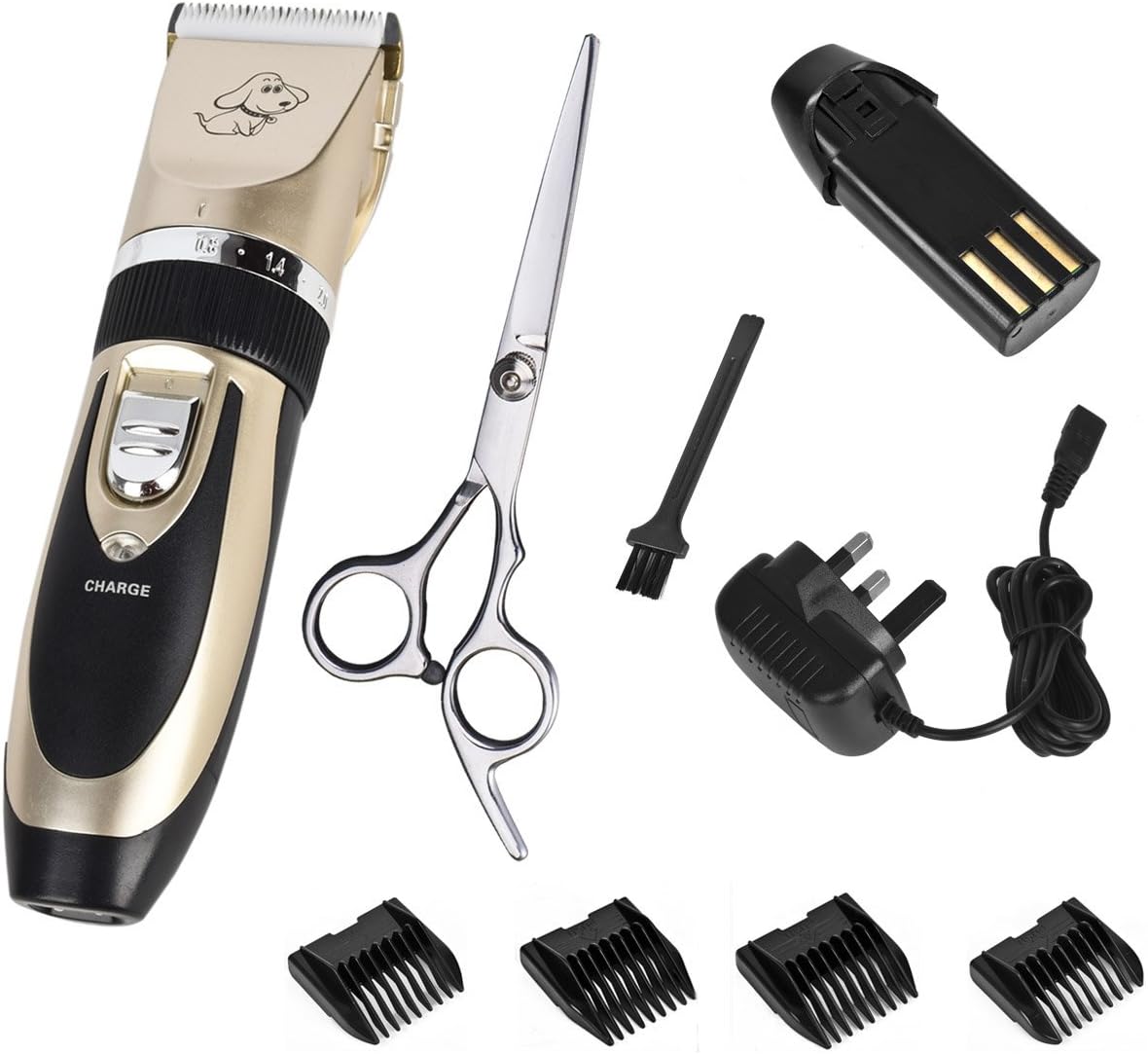 YIYU Cordless Pet Clipper Pet Grooming Trimming Kit Rechargeable Electric Dog Cat Clipper Kit Electric Hair Clipper Kit Professional Heavy Duty Quiet for Thick Coat with Shear and 4 Guide Combs Gold