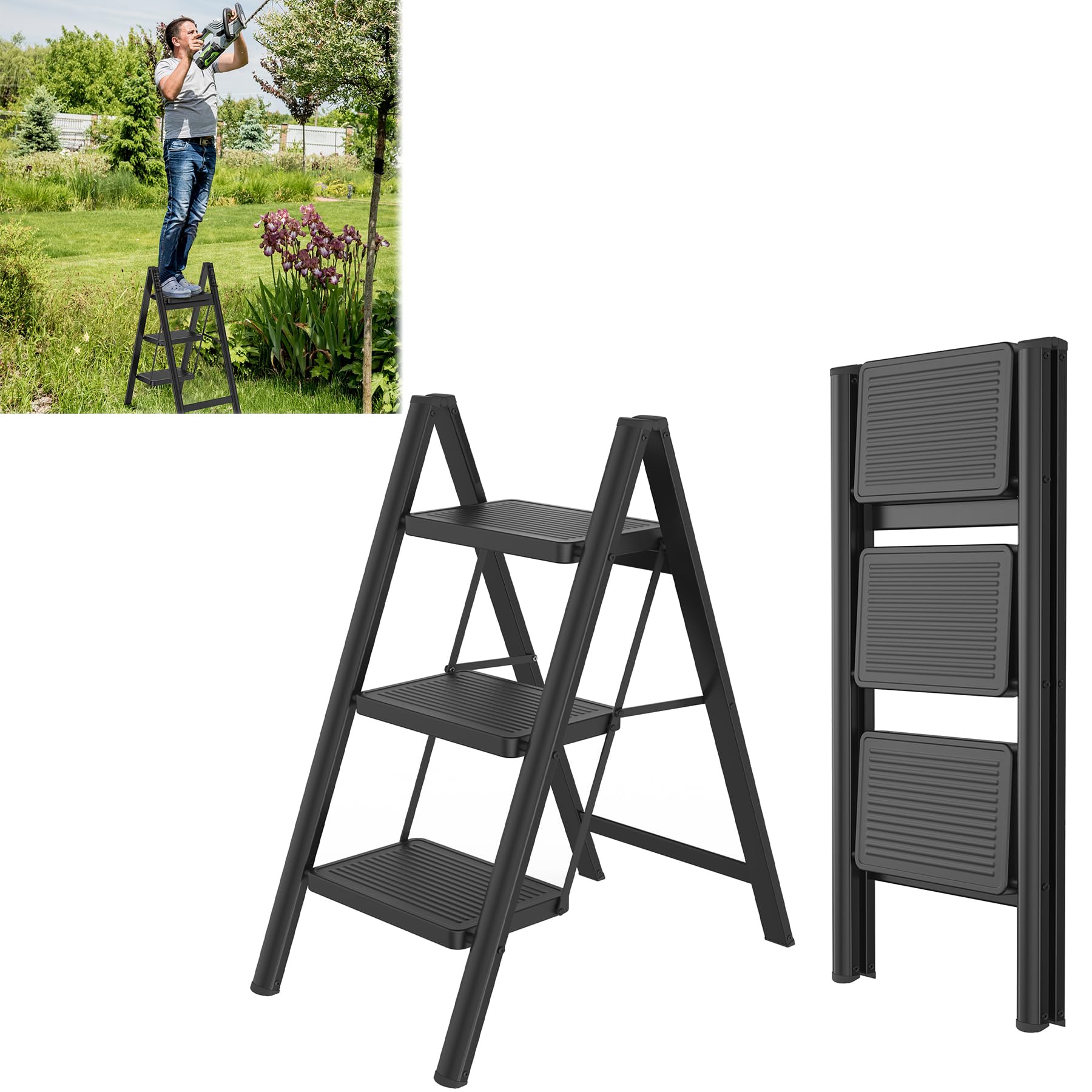 SAILUN Folding Step Ladder, 3-Step, Steel Construction, Non-Slip Rubber Mats, Widened Steps, 250KG Load Capacity, Suitable for Home, Office, Garage, Black