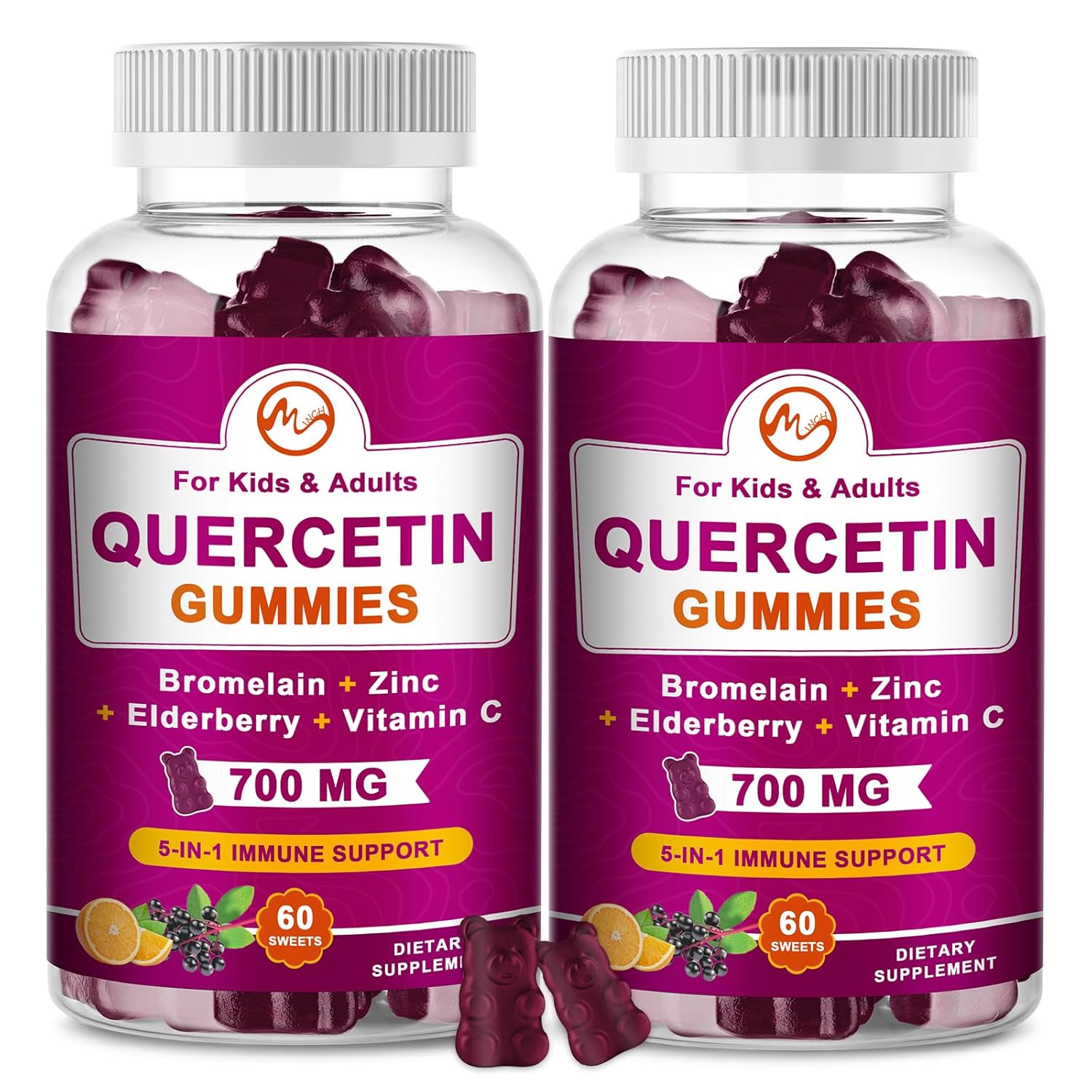 Gomas de Quercetina 700mg com Bromelina, Sabugueiro, Zinco e Vitamina C - Suplemento Vegano para Imunidade e Saúde - Pack com 2 Unidades