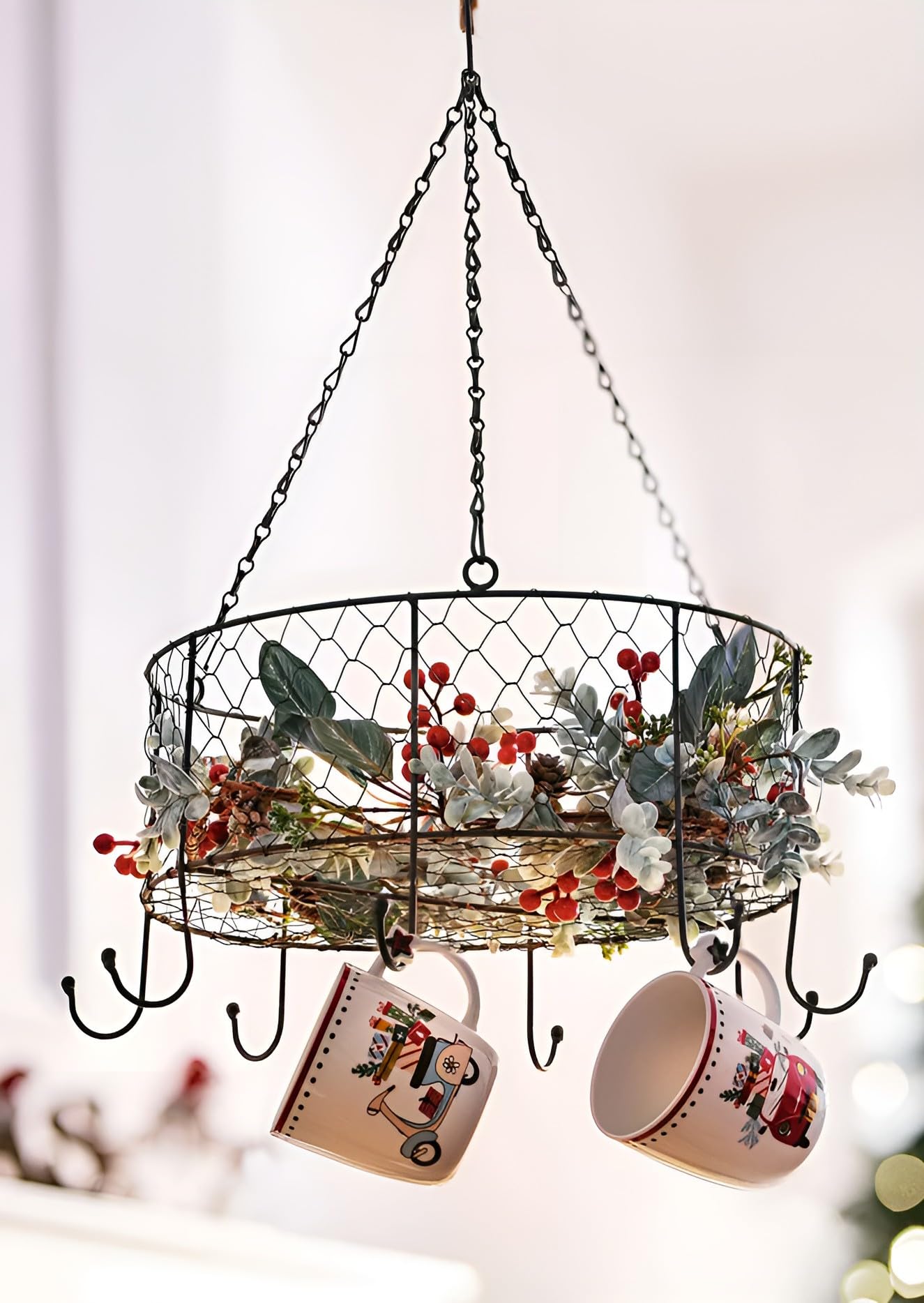 Dekoleidenschaft Kräuterkrone Nostalgie aus Metall, grau, Ø 35 cm, Deckenkrone mit 8 Haken, Küchenkrone, Kräuterhänger Hängekrone, Hängekorb, Hängeregal, Hängeablage, Speckhaken, Tassenring