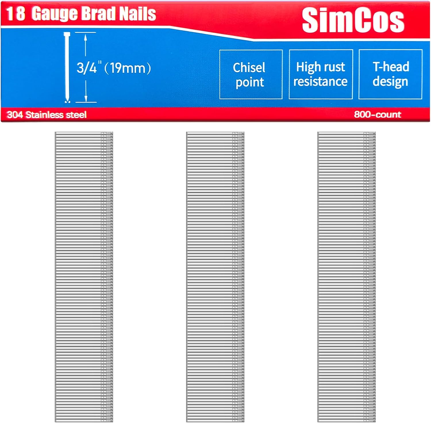 18 Gauge 304 Stainless Steel Brad Nails 18 GA Nail Gun Nails Assorted and Small Finishing Nails for Pneumatic, Electric Brad Nailer (5/8"+1"+1-1/2"+2"-4000 pcs)