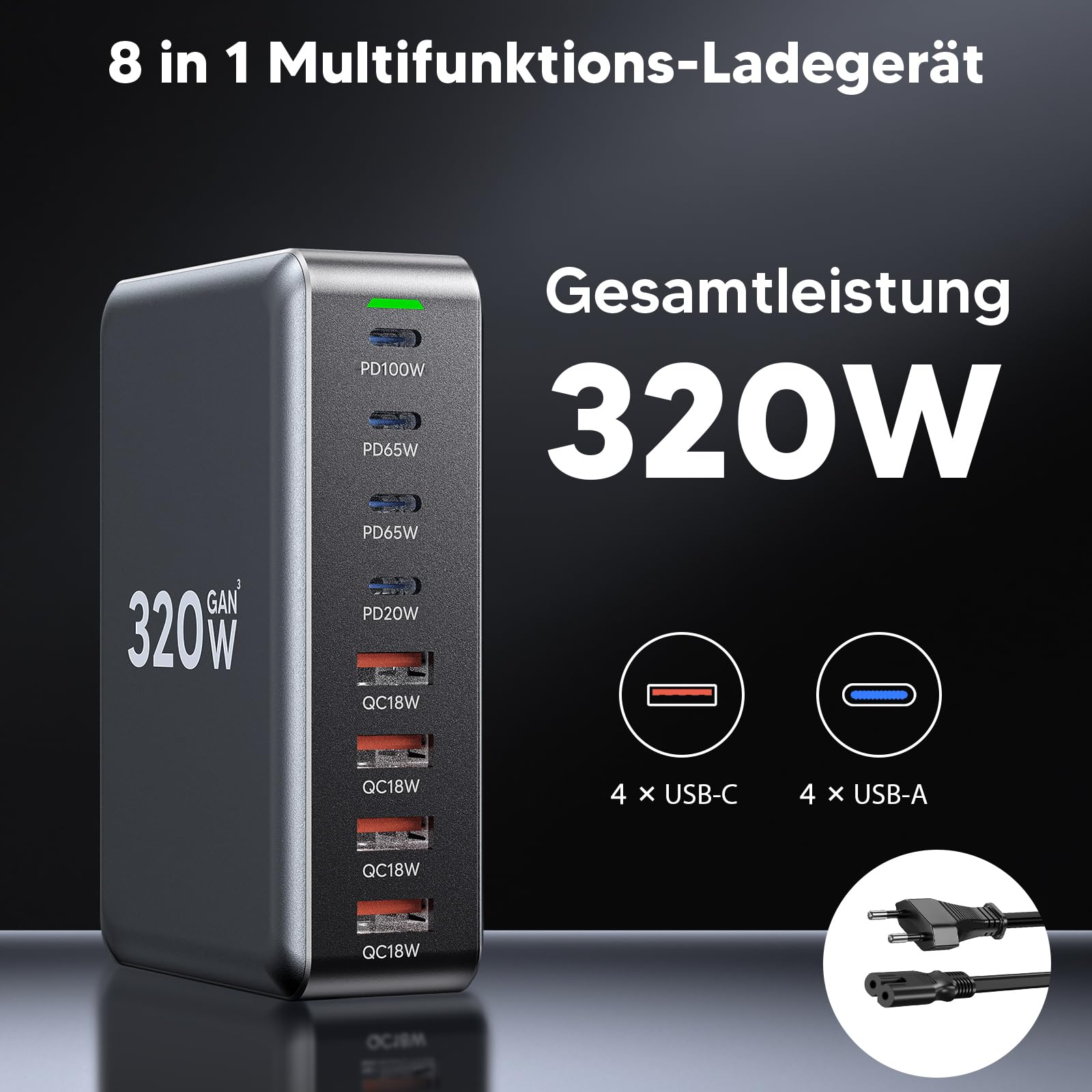 USB C Ladegerät Mehrfach: 320W 8 Anschlüsse GaN III Ladestation, USB-C PD Desktop Ladegerät mit Schnell-Laden, kompatibel mit iPhone, Samsung, MacBook,Dell,SteamDeck und mehr