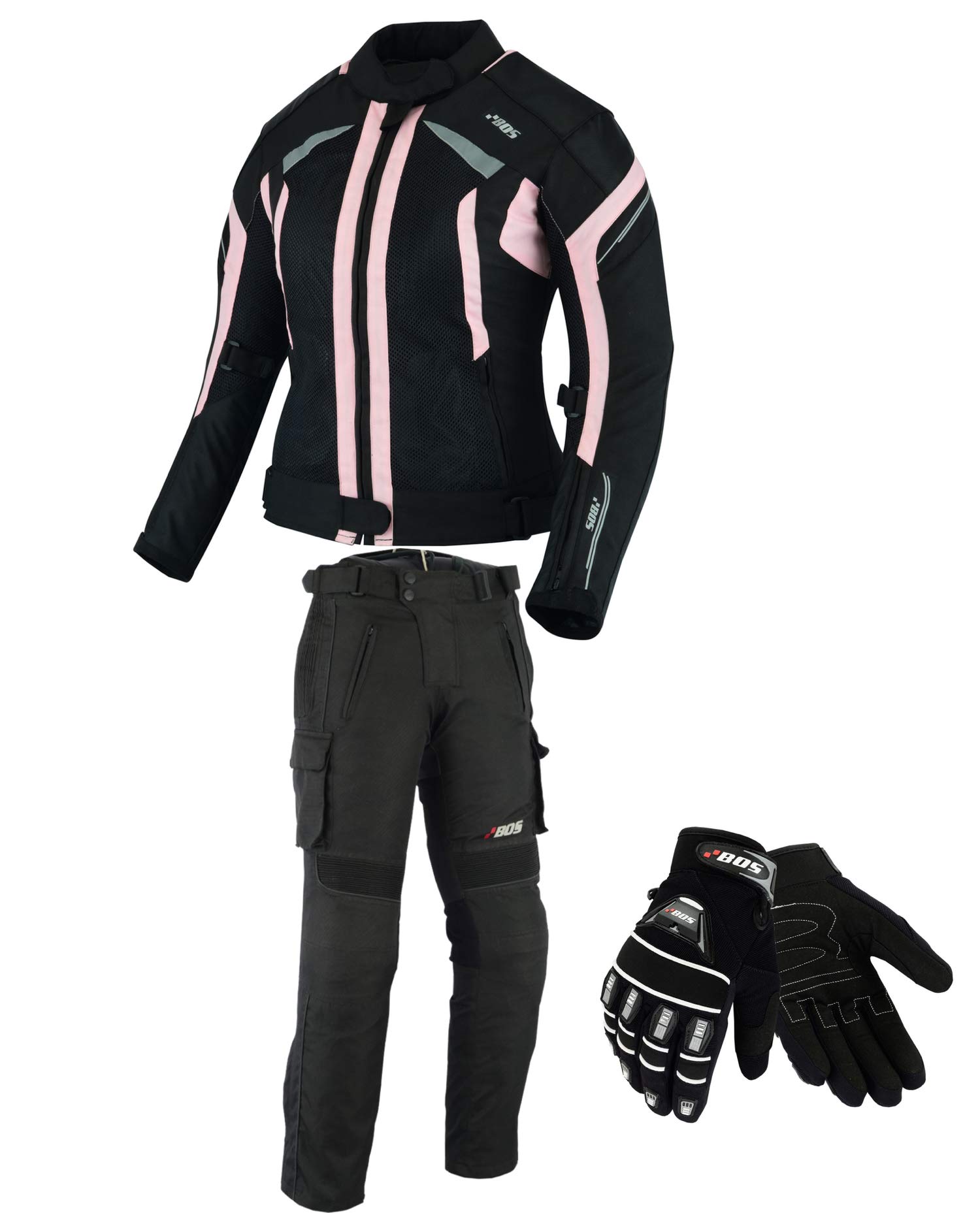 DAMEN MOTORRADKOMBI JACKE + HOSE + HANDSCHUHEN - BIKE MOTORRAD ROCKER TOURING in verschiedenen farben (M, Schwarz Rose)