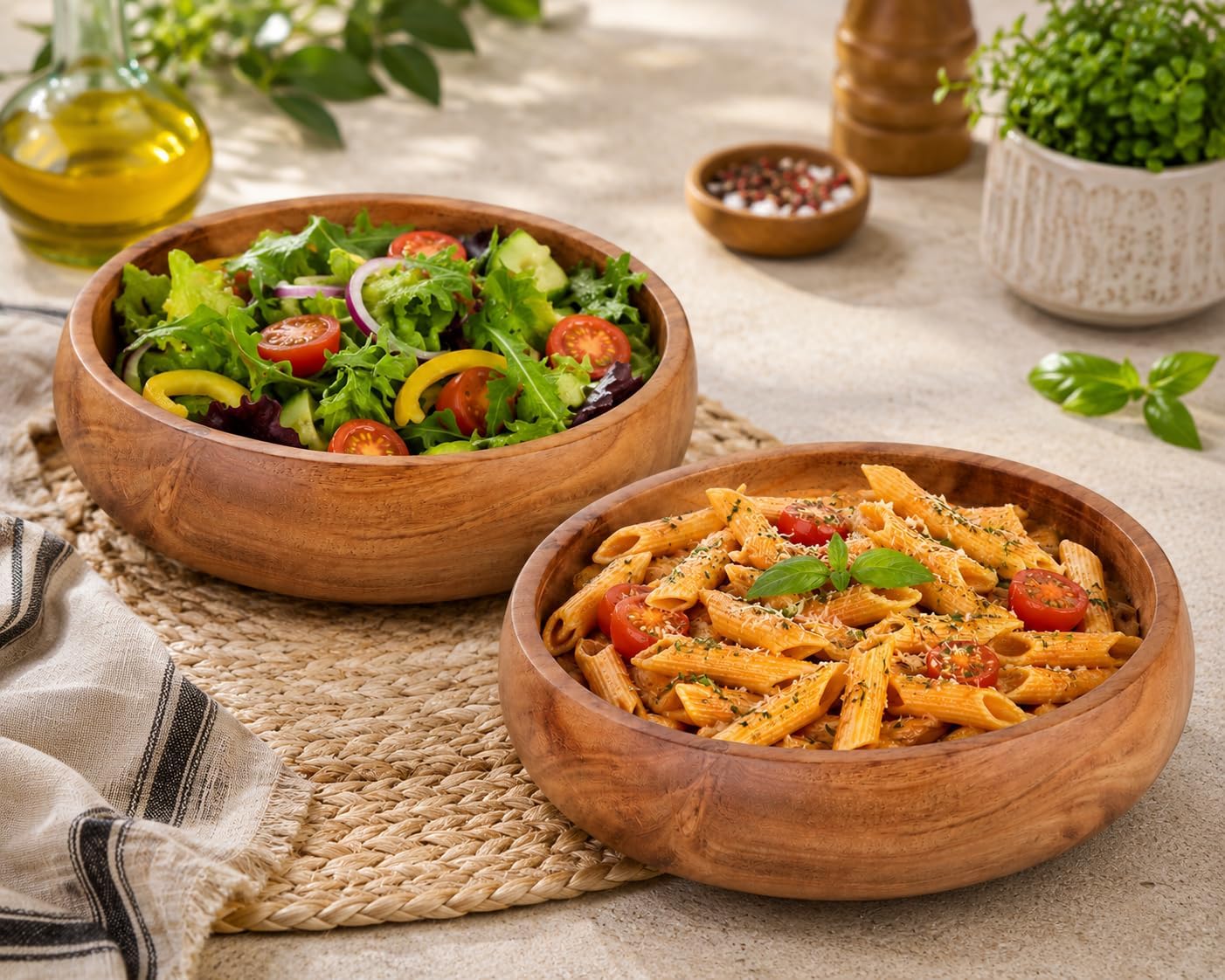 Acacia Wood Salad Bowl Set of 2 – Handcrafted Serving Bowls, Natural Grain Finish, Durable Kitchenware for Fruits, Snacks, Pasta, Dining & Entertaining 8 x 2