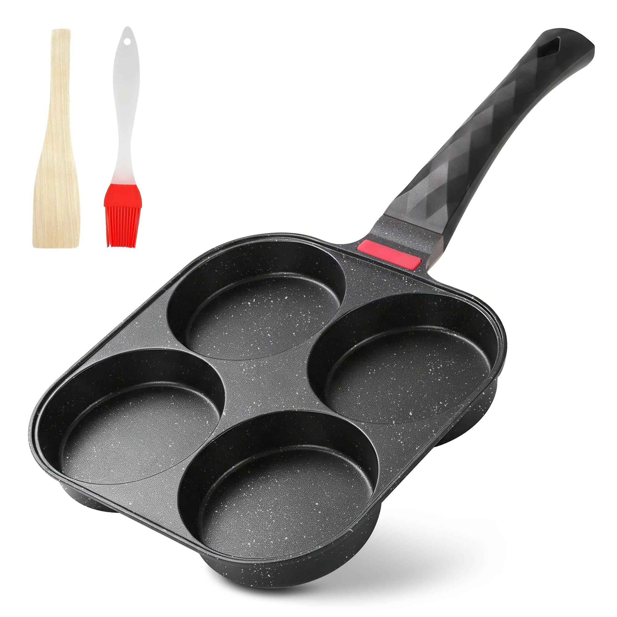 4-Cup Nonstick Egg Frying Pan Gas Omelette Skillet | Black 4-hole non stick egg pan with 1 spatula and 1 brush. Perfect for morning pancakes, bacon, and quick breakfast.