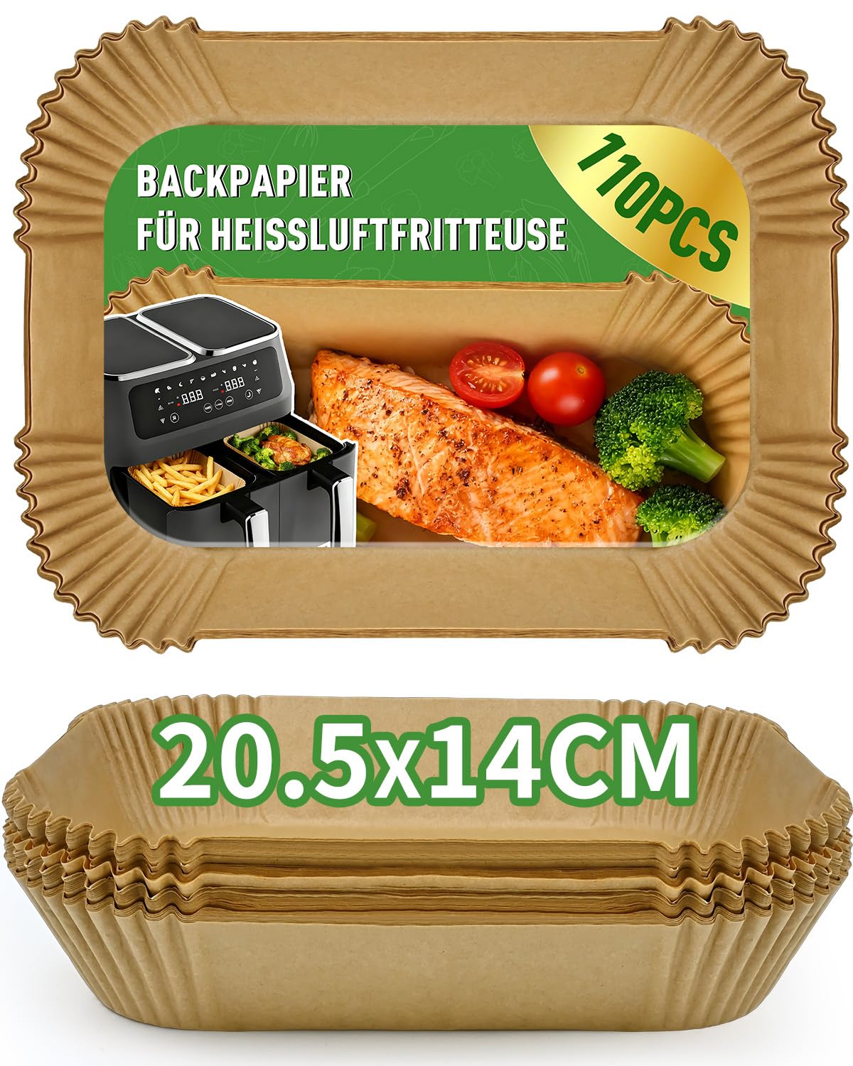 MRUN BONE 110 Stück Backpapier für Heißluftfritteuse, 20,5x14cm Rechteckig Airfryer Backpapier Liners kompatibel mit Ninja Doppelkammer, und Anderen Dual Zone Air Fryer