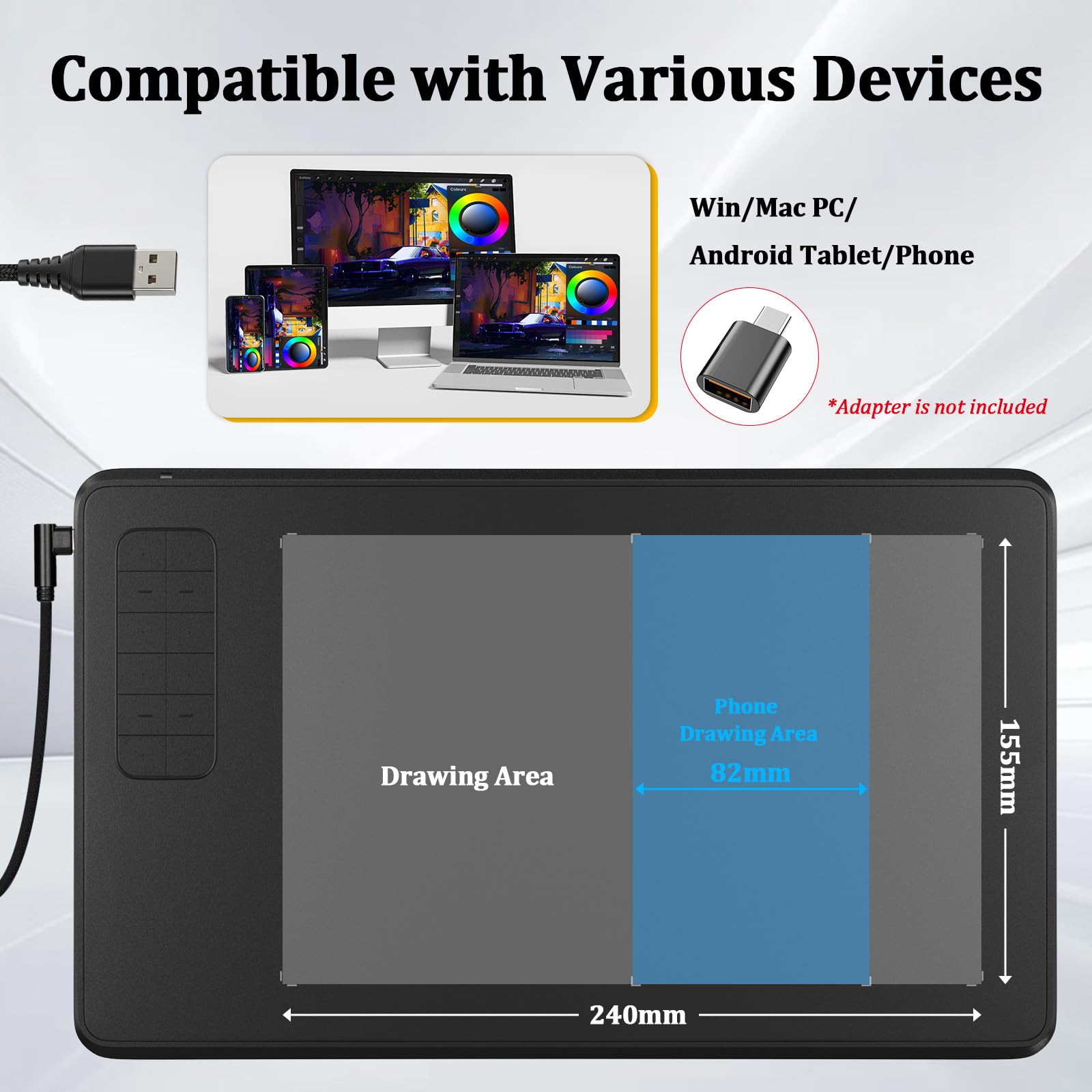 IMAGE Drawing Tablet de 9,45 x 6,1 pulgadas de área activa grande, 8192 niveles de presión de la batería, 12 teclas de acceso directo personalizables, tableta gráfica para dibujo digital y diseño