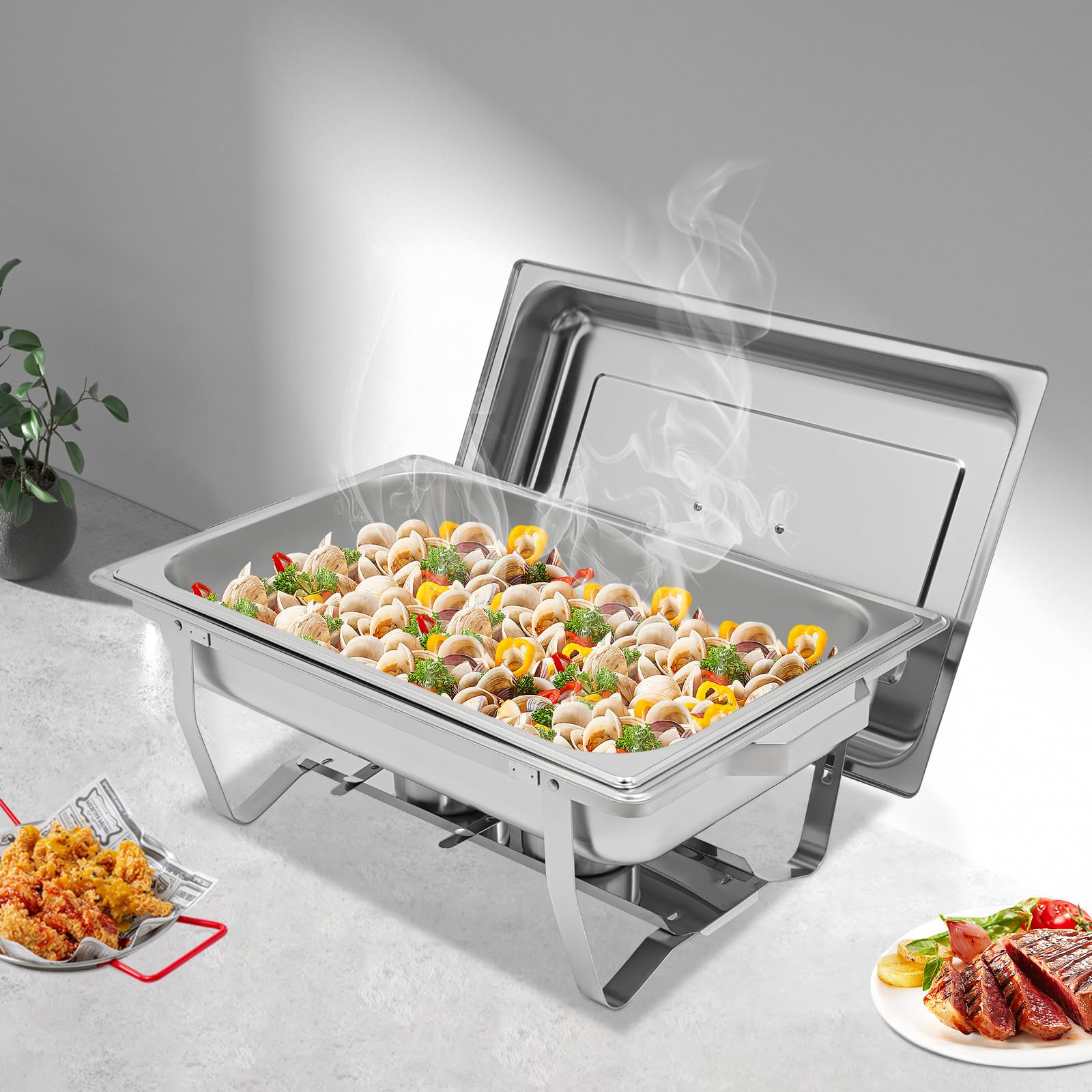 Chafing Dish Buffet Set in acciaio inox, 7 l (1.54Gal) – Piastra riscaldante per catering, matrimoni ed eventi con porta combustibile, con coperchio, ciotola per acqua e cibo