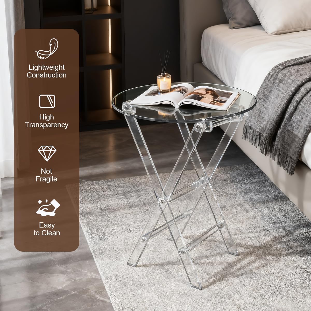 Acrylic Round Folding Side Table, Clear, Space Saving, Foldable X-Base Design for Living Room