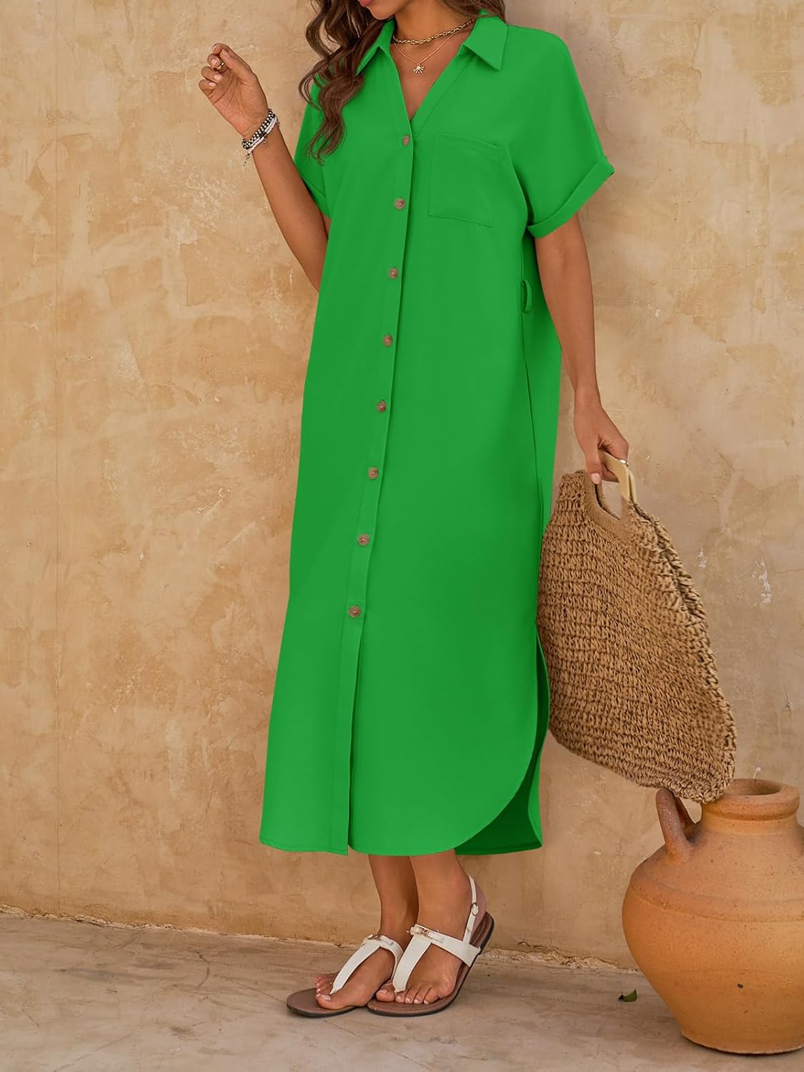 Yousify Summer Dresses for Women 2026 Casual Short Sleeve Button Down Maxi Dress Beach Cover Ups with Pockets