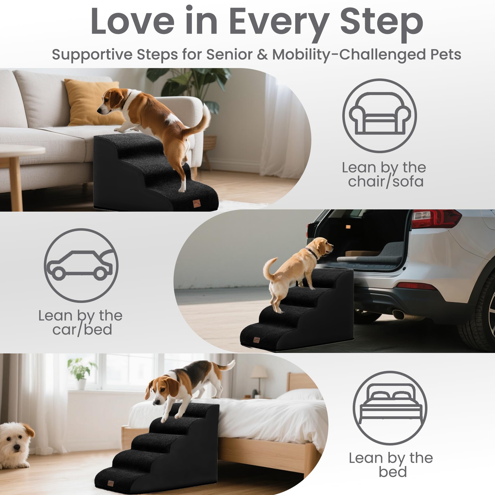 gogobunny Rampe Katze Hund Treppe für Betten, Katzentreppe mit strapazierfähigem, wasserdichtem Stoffbezug, Haustiertreppe für alte große Hunde Klettern (Schwarz, 3-stufig (56,9 cm D x 39,9 cm B x