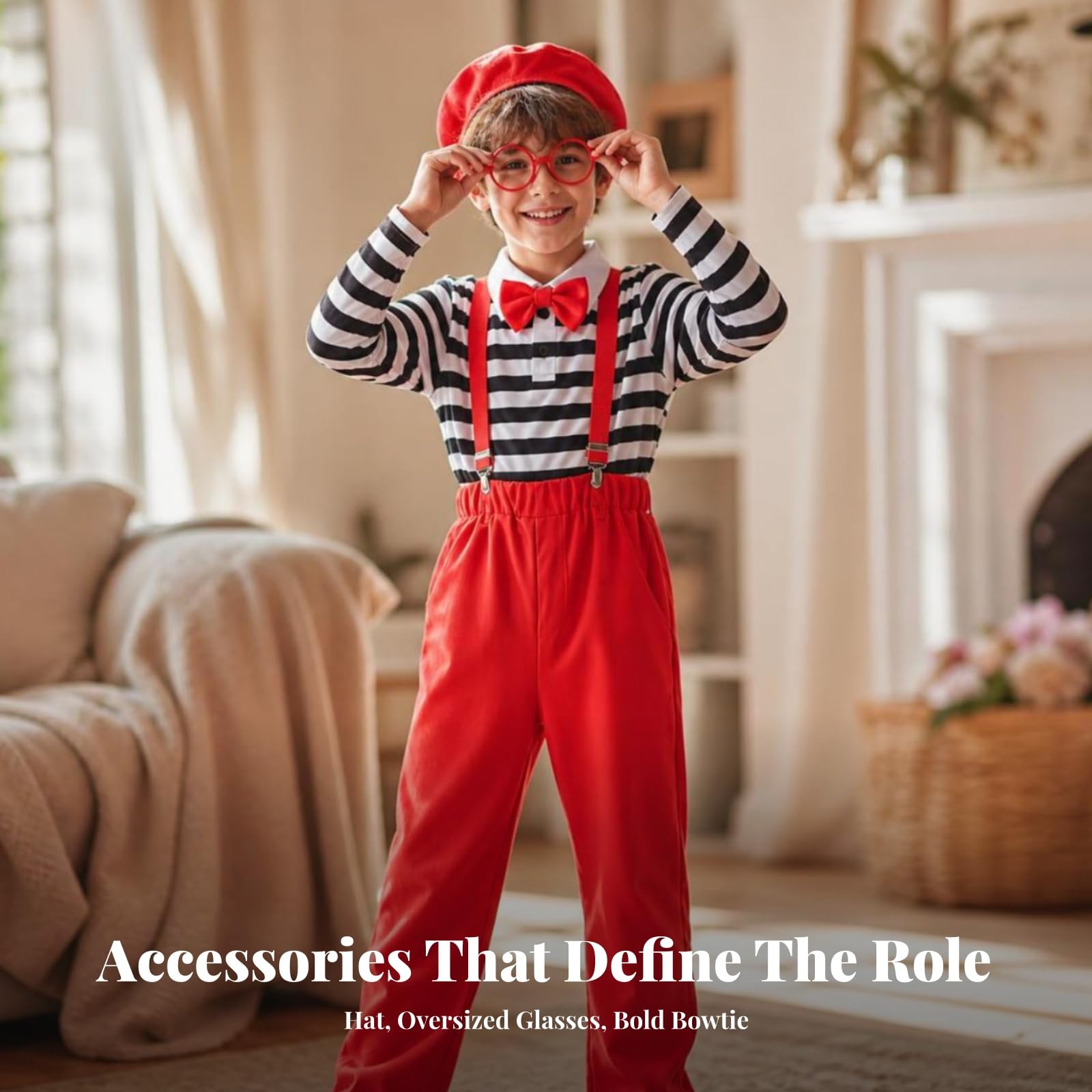 Costume Professionale da Clown per Bambini con Completo Elegante Giacca a Righe Bianche Bottom Rosso con Bretelle Papillon E Forma