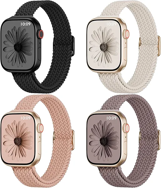 4 Pack Slim Braided Stretchy Compatible with Apple Watch Band 38mm 42mm 40mm 44mm 41mm 45mm 46mm 49mm Women Men, Solo Loop Nylon Thin Strap for iWatch Series 11 10 9 8 7 SE 6 5 4 3 Ultra