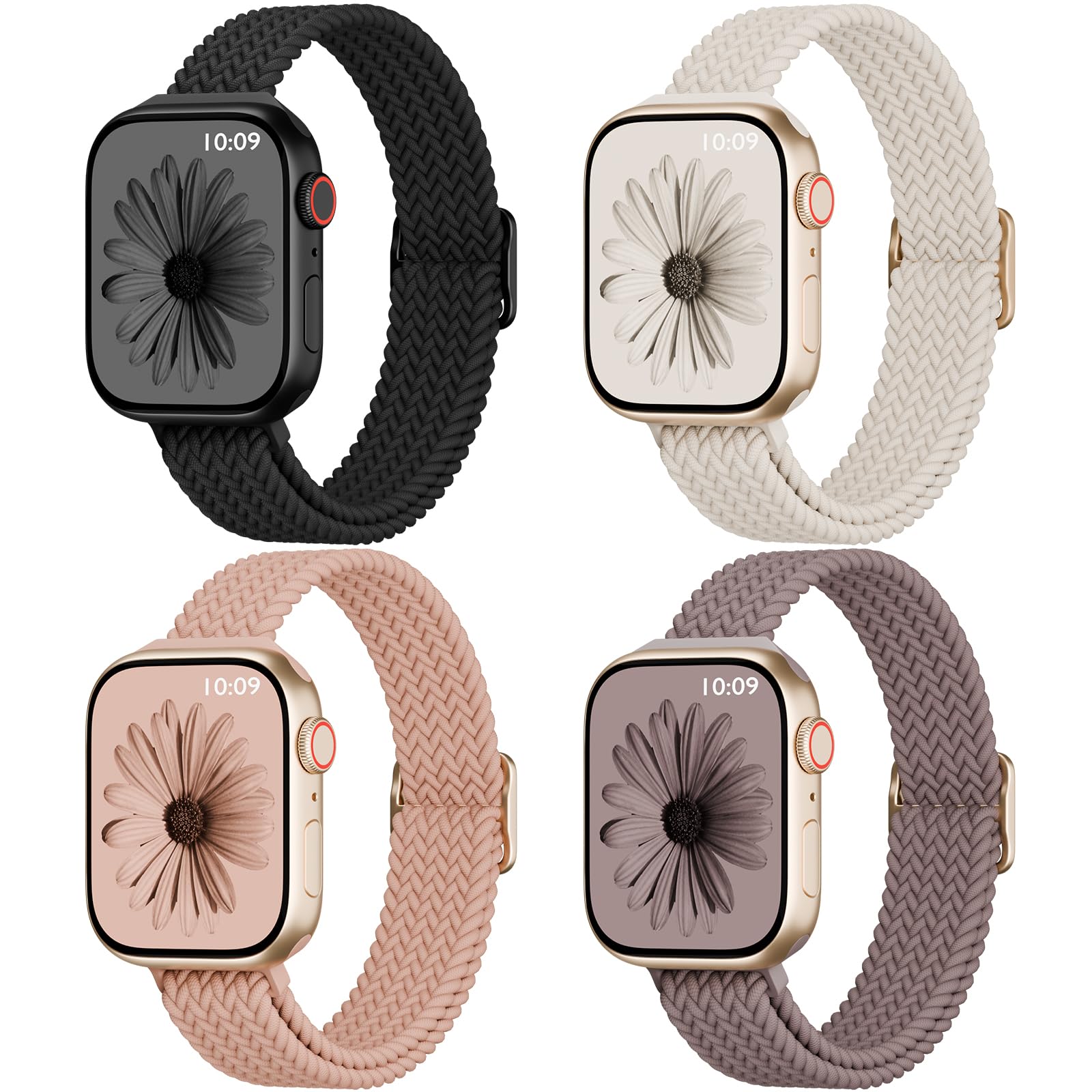 Photo 1 of 4 Pack Slim Braided Stretchy Compatible with Apple Watch Band 38mm 42mm 40mm 44mm 41mm 45mm 46mm 49mm Women Men, Solo Loop Nylon Thin Strap for iWatch Series 11 10 9 8 7 SE 6 5 4 3 Ultra