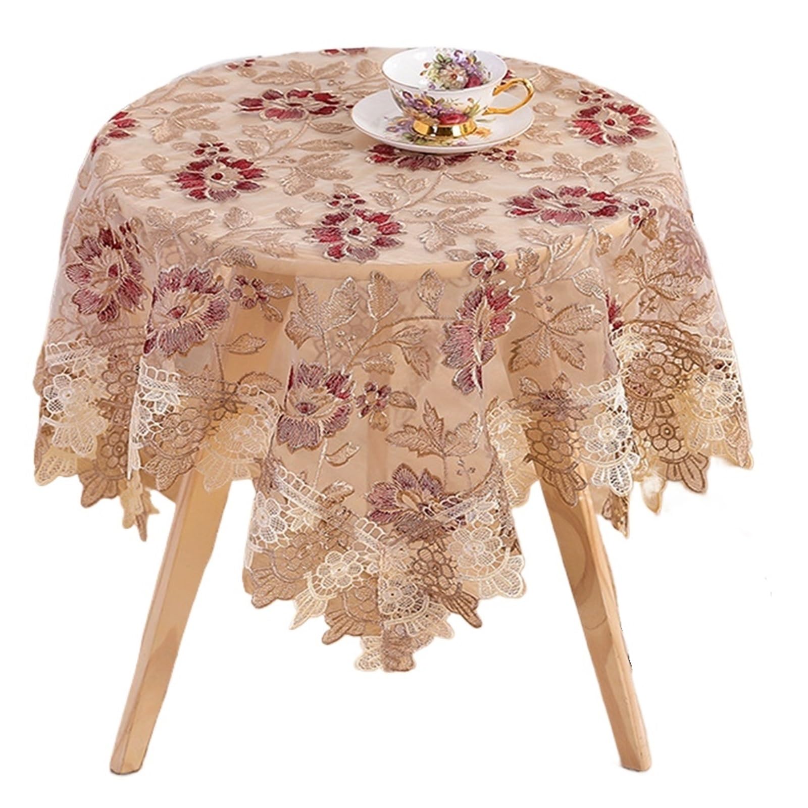 FOELANNE Embroidered Lace Tablecloth, Embroidered Lace Tablecloth Multicolor Multiple Sizes Wedding Home Decor(Coffee Red,60x60cm)