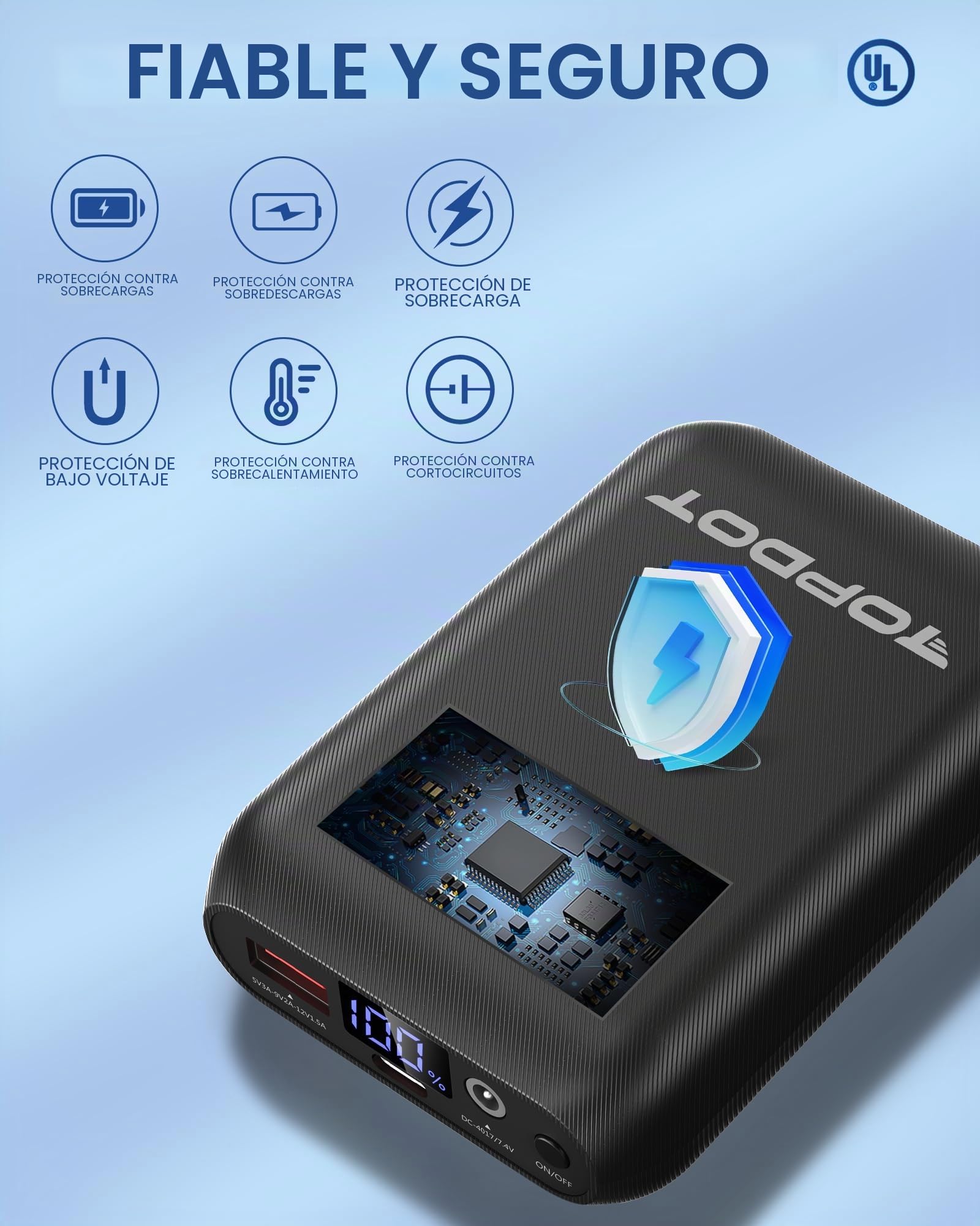 Topdot Batería para Chaleco Calefactable, Bateria Externa 16000mAh Power Bank DC y USB C Compatible | 22.5W Carga Rápida, Salida CC/USB/Tipo C, Pantalla LED, Compatible con Ropa Calefactable 7,4 V/3 A y 5 V/3 A